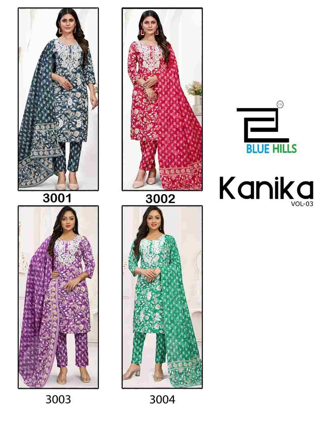 Kanika Vol-3 By Blue Hills 3001 To 3004 Series Beautiful Festive Suits Colorful Stylish Fancy Casual Wear & Ethnic Wear Cotton Embroidered Dresses At Wholesale Price