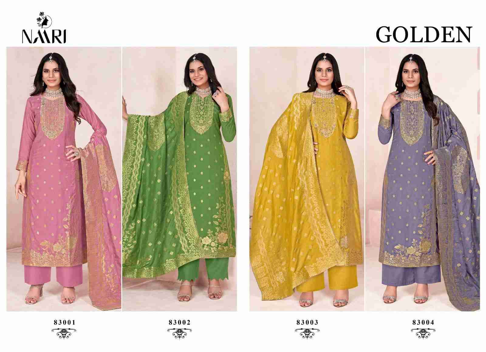 Golden By Naari 83001 To 83004 Series Beautiful Stylish Festive Suits Fancy Colorful Casual Wear & Ethnic Wear & Ready To Wear Pure Muslin Jacquard Print Dresses At Wholesale Price