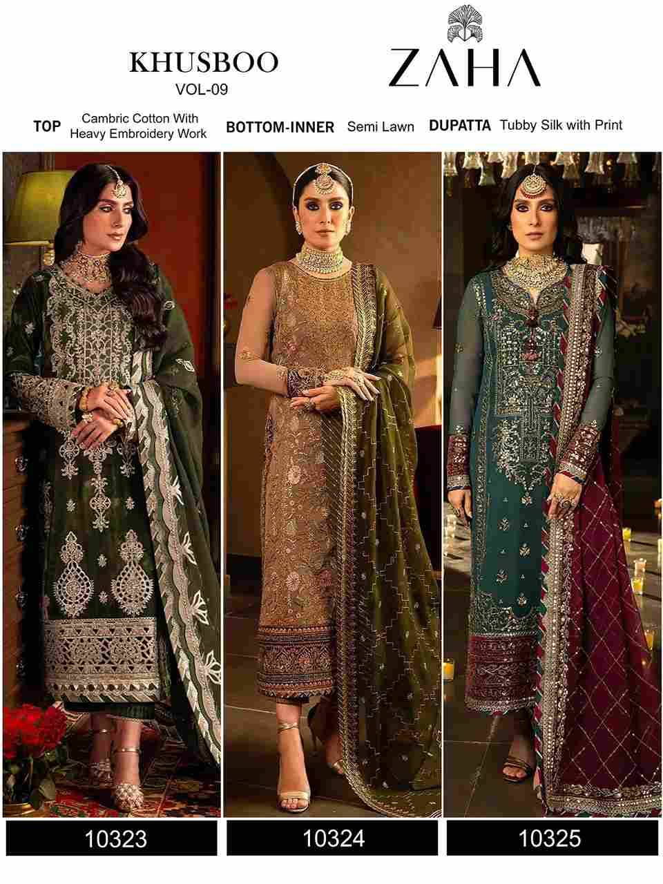 Khusboo Vol-9 By Zaha 10323 To 10325 Series Beautiful Pakistani Suits Colorful Stylish Fancy Casual Wear & Ethnic Wear Faux Georgette Embroidered Dresses At Wholesale Price