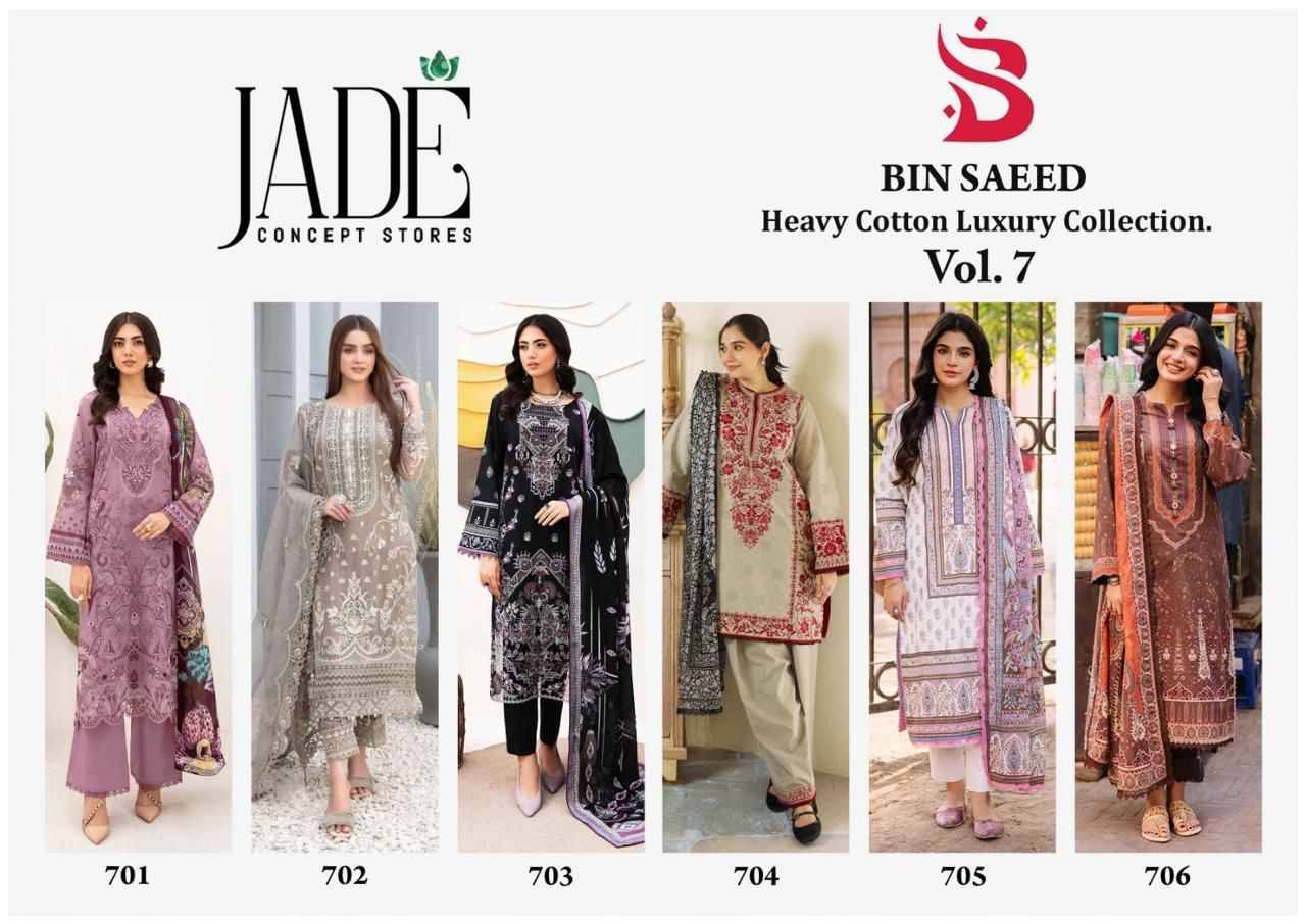 Bin Saeed Vol-7 By Jade 701 To 706 Series Beautiful Festive Suits Stylish Fancy Colorful Casual Wear & Ethnic Wear Pure Lawn Cotton Print Dresses At Wholesale Price