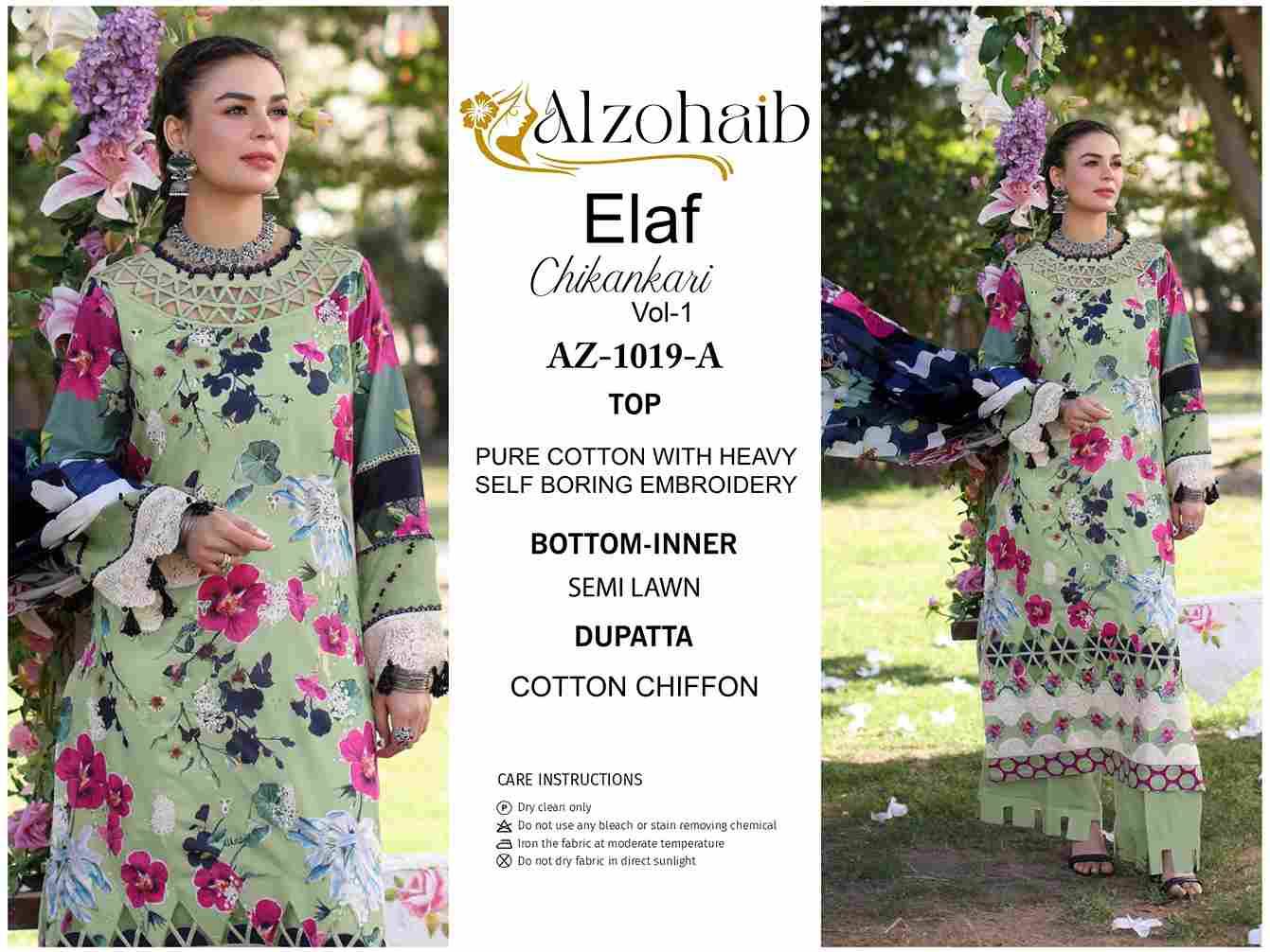 Elaf Chikankari Vol-1 By Alzohaib 1019-A To 1019-C Series Beautiful Pakistani Suits Colorful Stylish Fancy Casual Wear & Ethnic Wear Pure Cotton Dresses At Wholesale Price