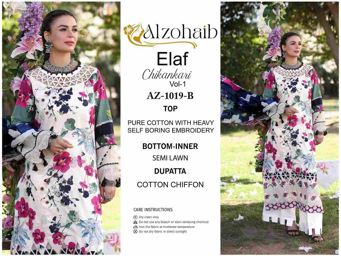 Elaf Chikankari Vol-1 By Alzohaib 1019-A To 1019-C Series Beautiful Pakistani Suits Colorful Stylish Fancy Casual Wear & Ethnic Wear Pure Cotton Dresses At Wholesale Price