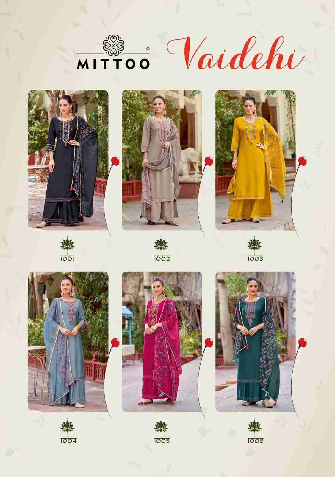 Vaidehi By Mittoo 1001 To 1006 Series Beautiful Festive Suits Colorful Stylish Fancy Casual Wear & Ethnic Wear Pure Rayon Dresses At Wholesale Price