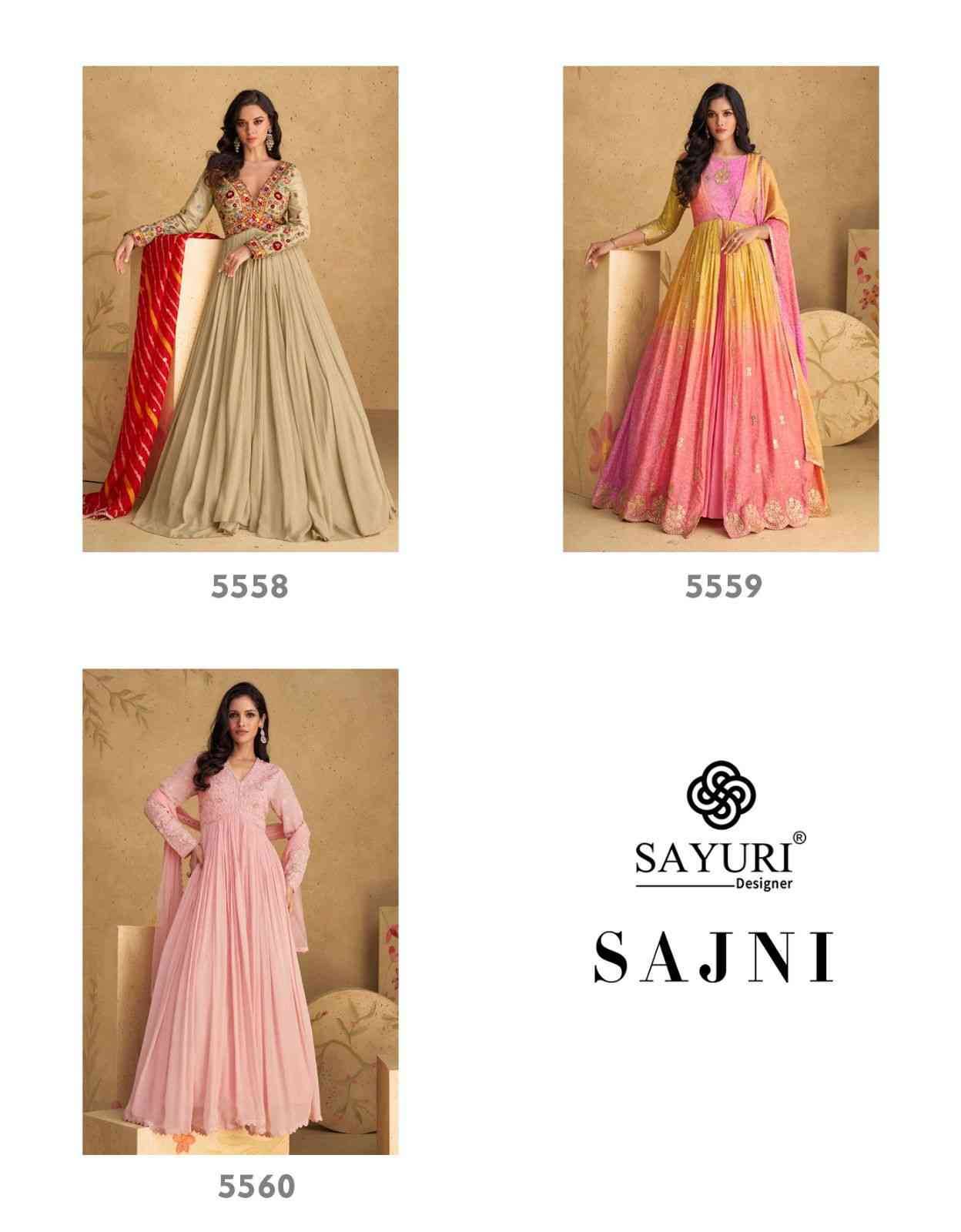 Sajni By Sayuri 5558 To 5560 Series Designer Stylish Fancy Colorful Beautiful Party Wear & Ethnic Wear Collection Georgette Gown With Bottom At Wholesale Price