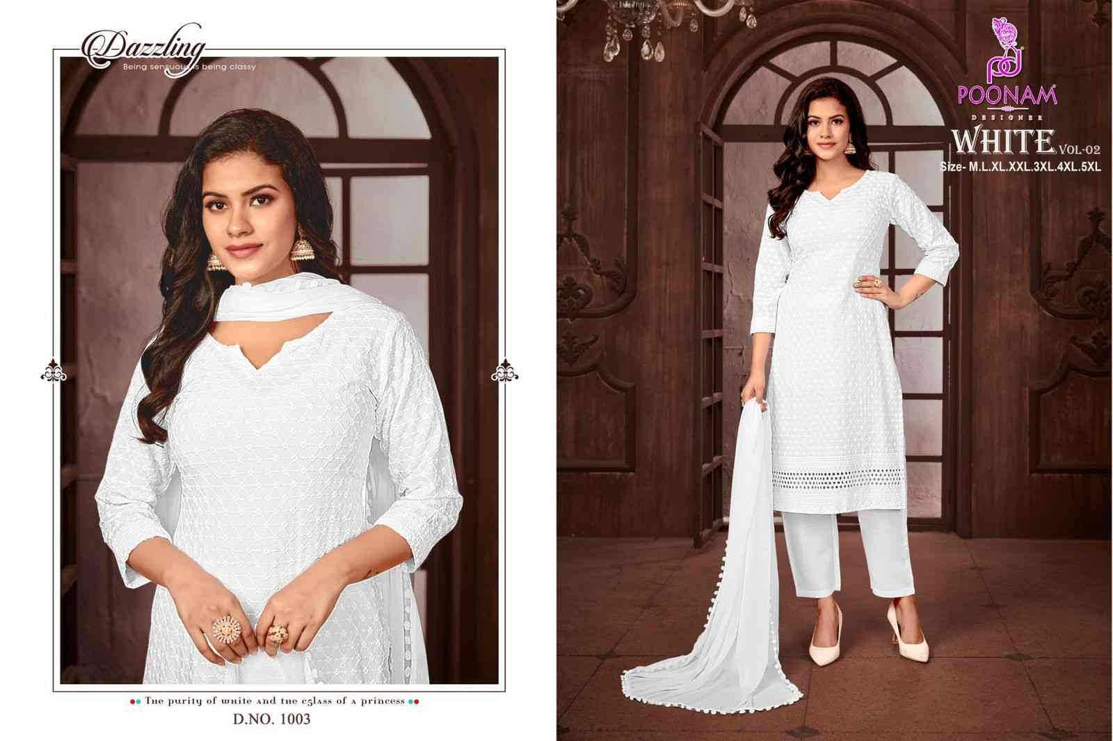 White Vol-2 By Poonam Designer 1001 To 1008 Series Beautiful Festive Suits Colorful Stylish Fancy Casual Wear & Ethnic Wear Pure Rayon Embroidered Dresses At Wholesale Price