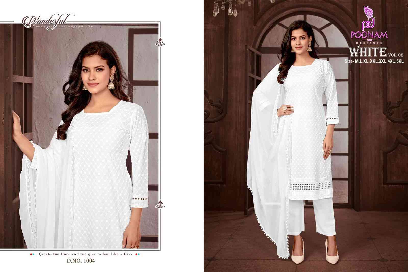 White Vol-2 By Poonam Designer 1001 To 1008 Series Beautiful Festive Suits Colorful Stylish Fancy Casual Wear & Ethnic Wear Pure Rayon Embroidered Dresses At Wholesale Price