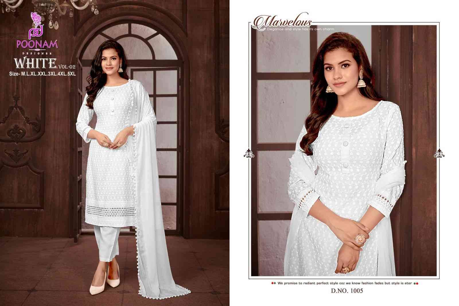 White Vol-2 By Poonam Designer 1001 To 1008 Series Beautiful Festive Suits Colorful Stylish Fancy Casual Wear & Ethnic Wear Pure Rayon Embroidered Dresses At Wholesale Price