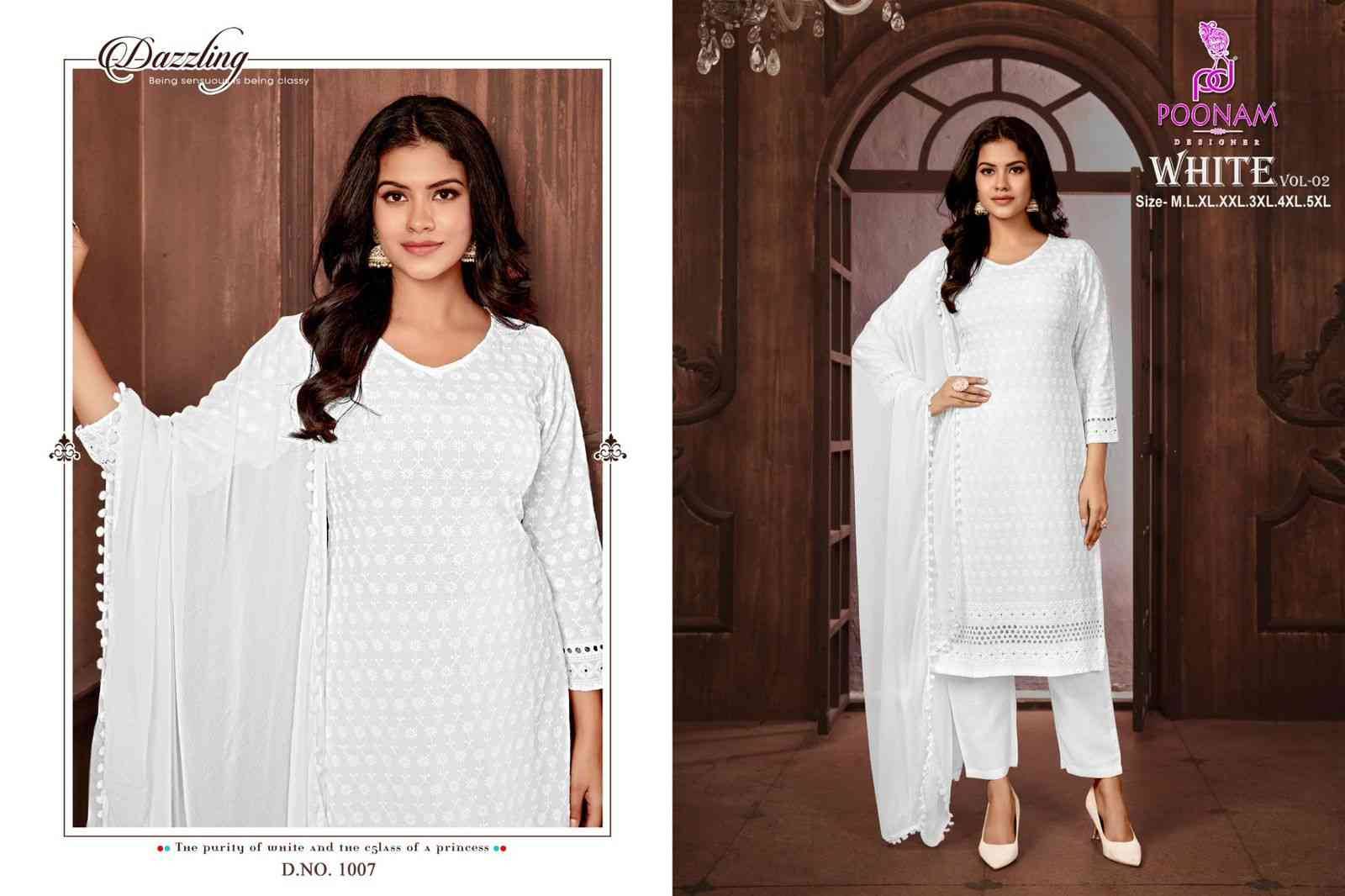 White Vol-2 By Poonam Designer 1001 To 1008 Series Beautiful Festive Suits Colorful Stylish Fancy Casual Wear & Ethnic Wear Pure Rayon Embroidered Dresses At Wholesale Price