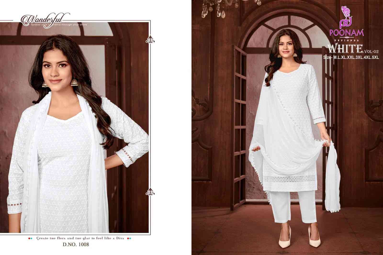 White Vol-2 By Poonam Designer 1001 To 1008 Series Beautiful Festive Suits Colorful Stylish Fancy Casual Wear & Ethnic Wear Pure Rayon Embroidered Dresses At Wholesale Price