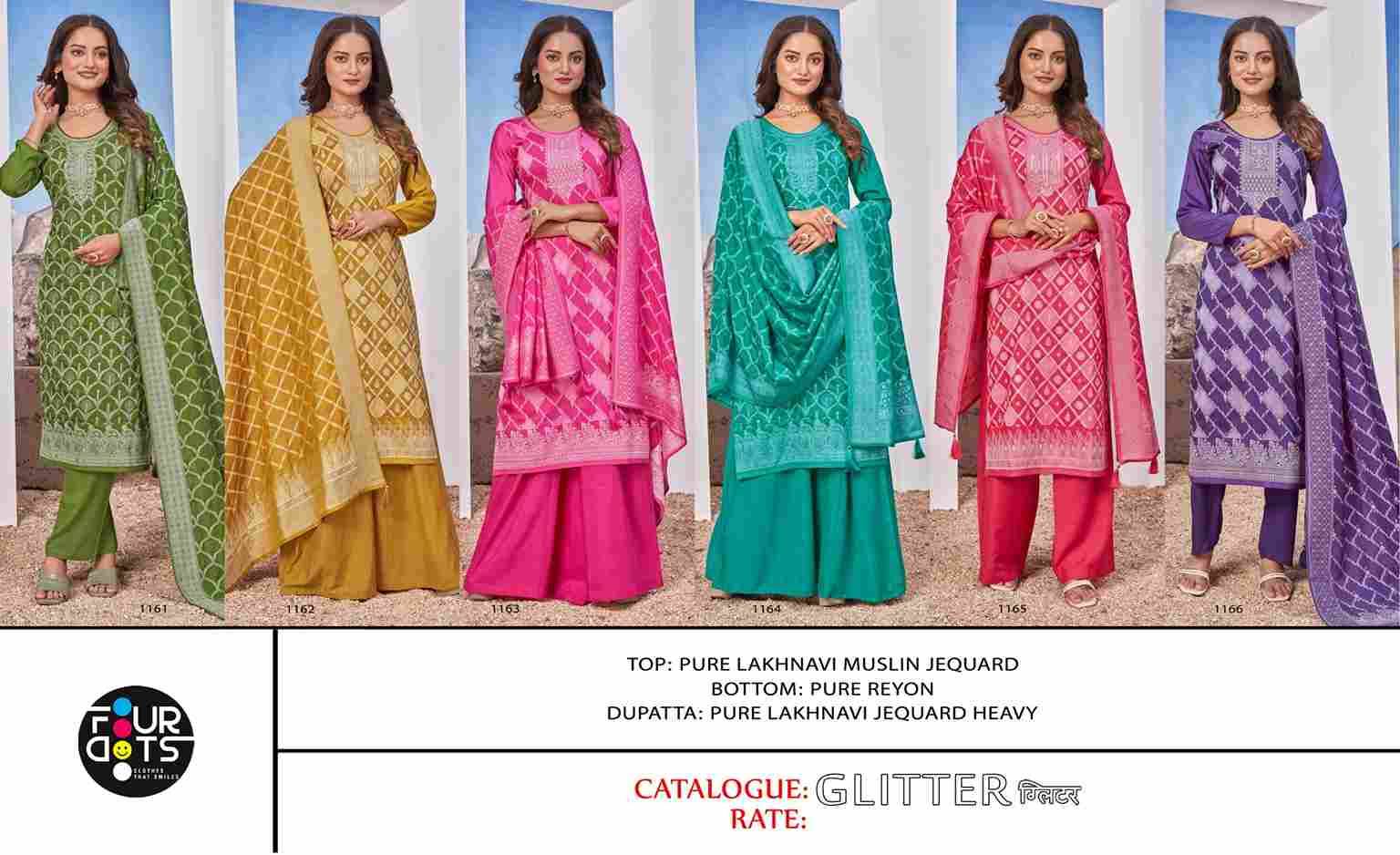 Glitter By Four Dots 1161 To 1166 Series Beautiful Festive Suits Colorful Stylish Fancy Casual Wear & Ethnic Wear Pure Muslin Jacquard Dresses At Wholesale Price