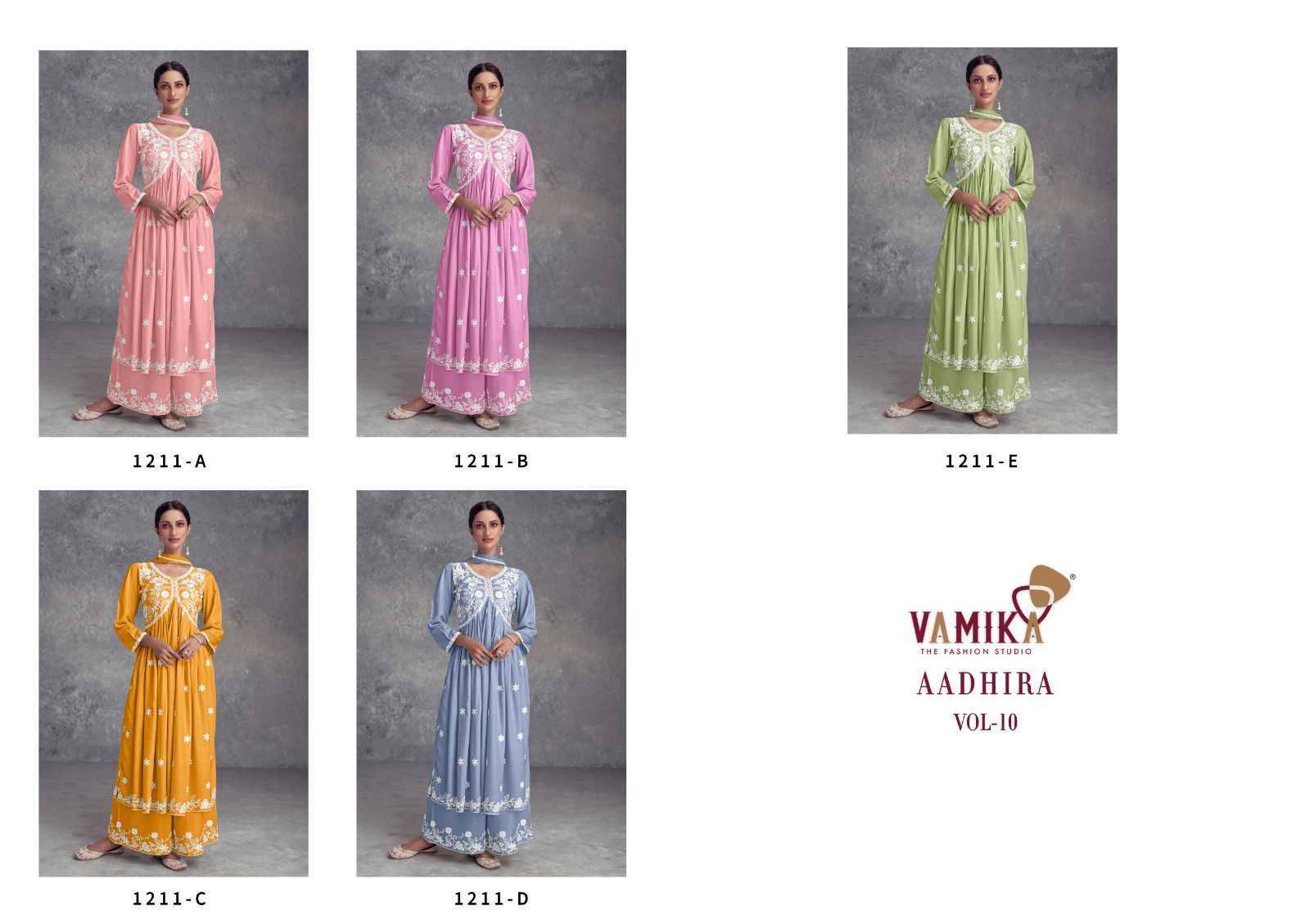 Aadhira Vol-10 By Vamika 1211-A To 1211-E Series Beautiful Festive Suits Colorful Stylish Fancy Casual Wear & Ethnic Wear Pure Viscose Rayon Embroidery Dresses At Wholesale Price