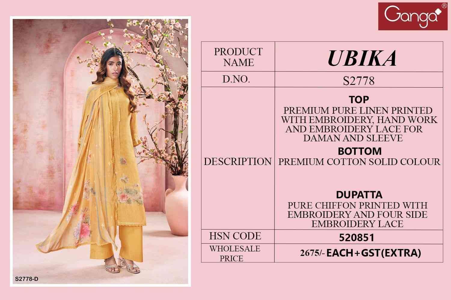 Ubika-2778 By Ganga Fashion 2778-A To 2778-D Series Beautiful Festive Suits Colorful Stylish Fancy Casual Wear & Ethnic Wear Pure Linen Dresses At Wholesale Price