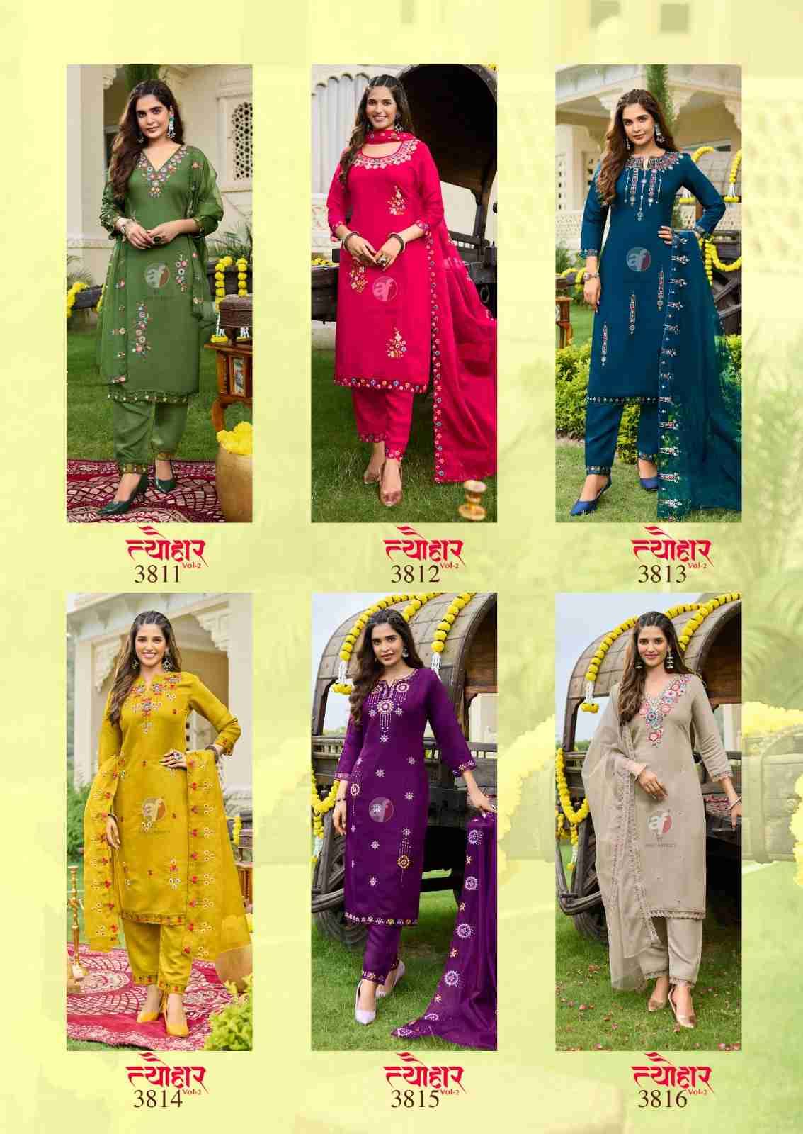 Tyohar Vol-2 By Anju Fabrics 3811 To 3816 Series Beautiful Suits Colorful Stylish Fancy Casual Wear & Ethnic Wear Pure Viscose Organza Dresses At Wholesale Price