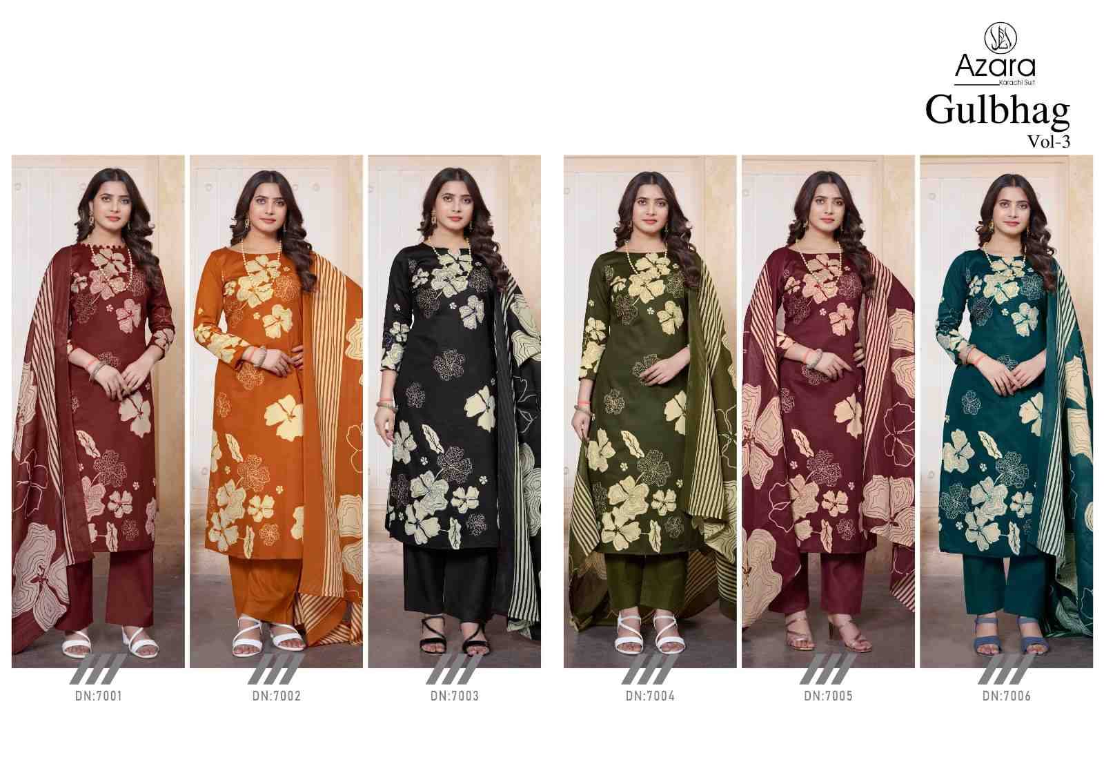 Gulbhag Vol-3 By Azara 7001 To 7006 Series Beautiful Festive Suits Colorful Stylish Fancy Casual Wear & Ethnic Wear Pure Jam Cotton Print Dresses At Wholesale Price