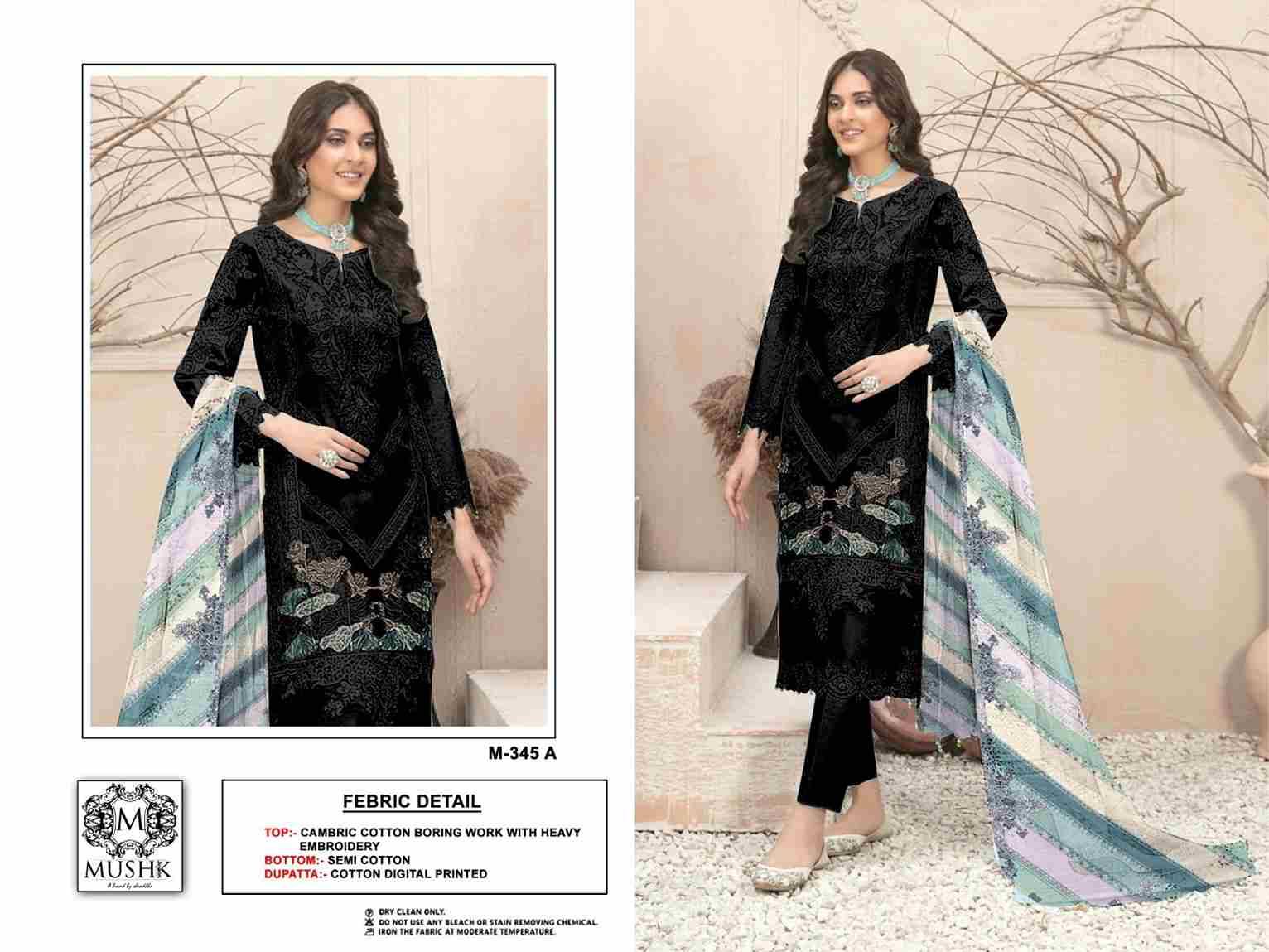 Mushq Hit Design 345 Colours By Mushq 345-A To 345-D Series Beautiful Winter Collection Pakistani Suits Stylish Fancy Colorful Casual Wear & Ethnic Wear Cambric Cotton Embroidery Dresses At Wholesale Price