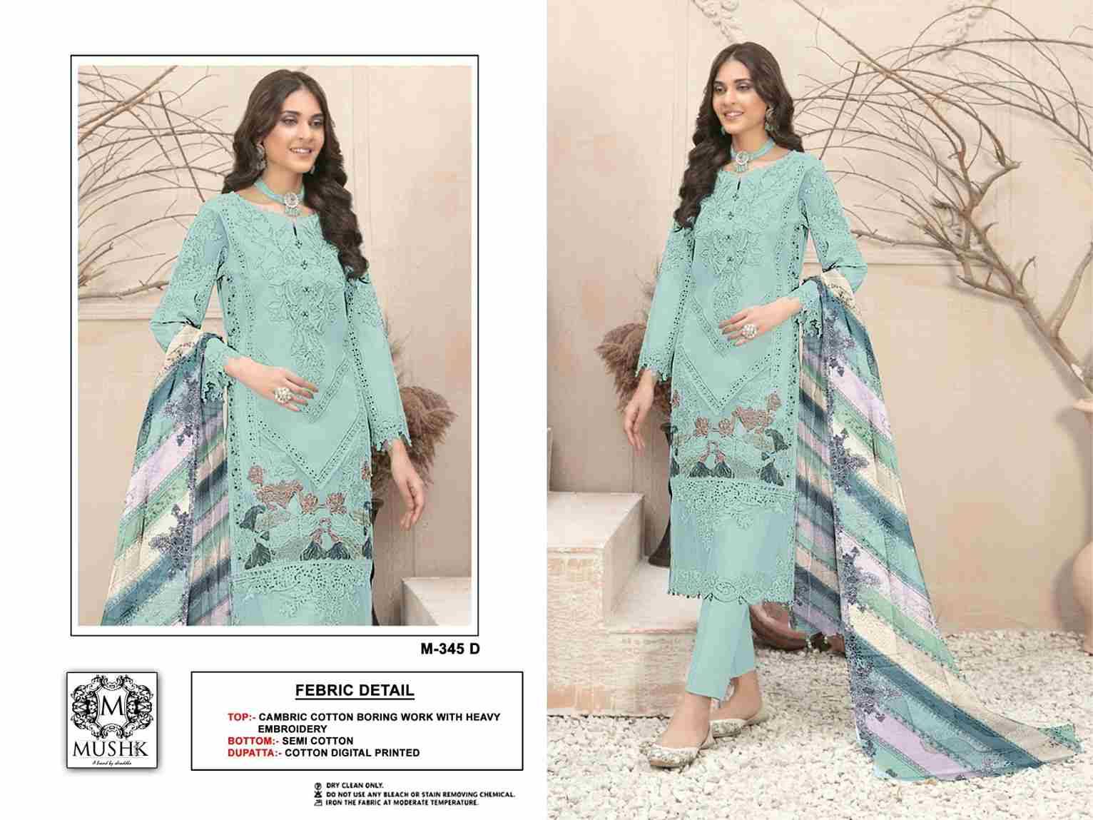 Mushq Hit Design 345 Colours By Mushq 345-A To 345-D Series Beautiful Winter Collection Pakistani Suits Stylish Fancy Colorful Casual Wear & Ethnic Wear Cambric Cotton Embroidery Dresses At Wholesale Price