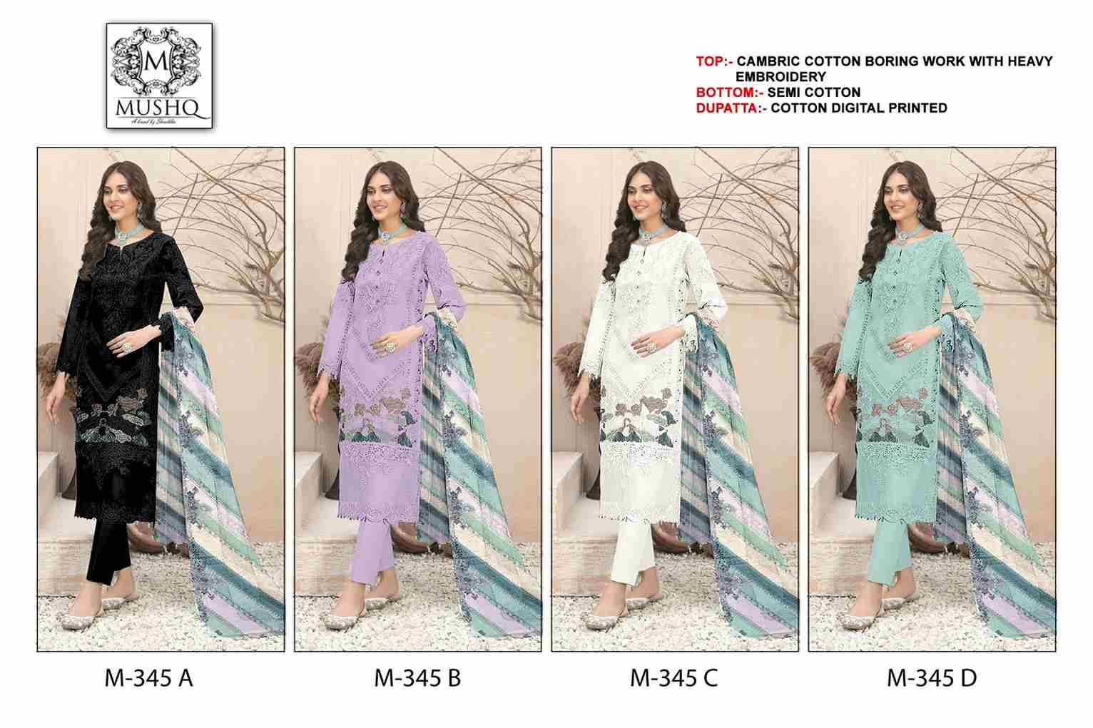 Mushq Hit Design 345 Colours By Mushq 345-A To 345-D Series Beautiful Winter Collection Pakistani Suits Stylish Fancy Colorful Casual Wear & Ethnic Wear Cambric Cotton Embroidery Dresses At Wholesale Price