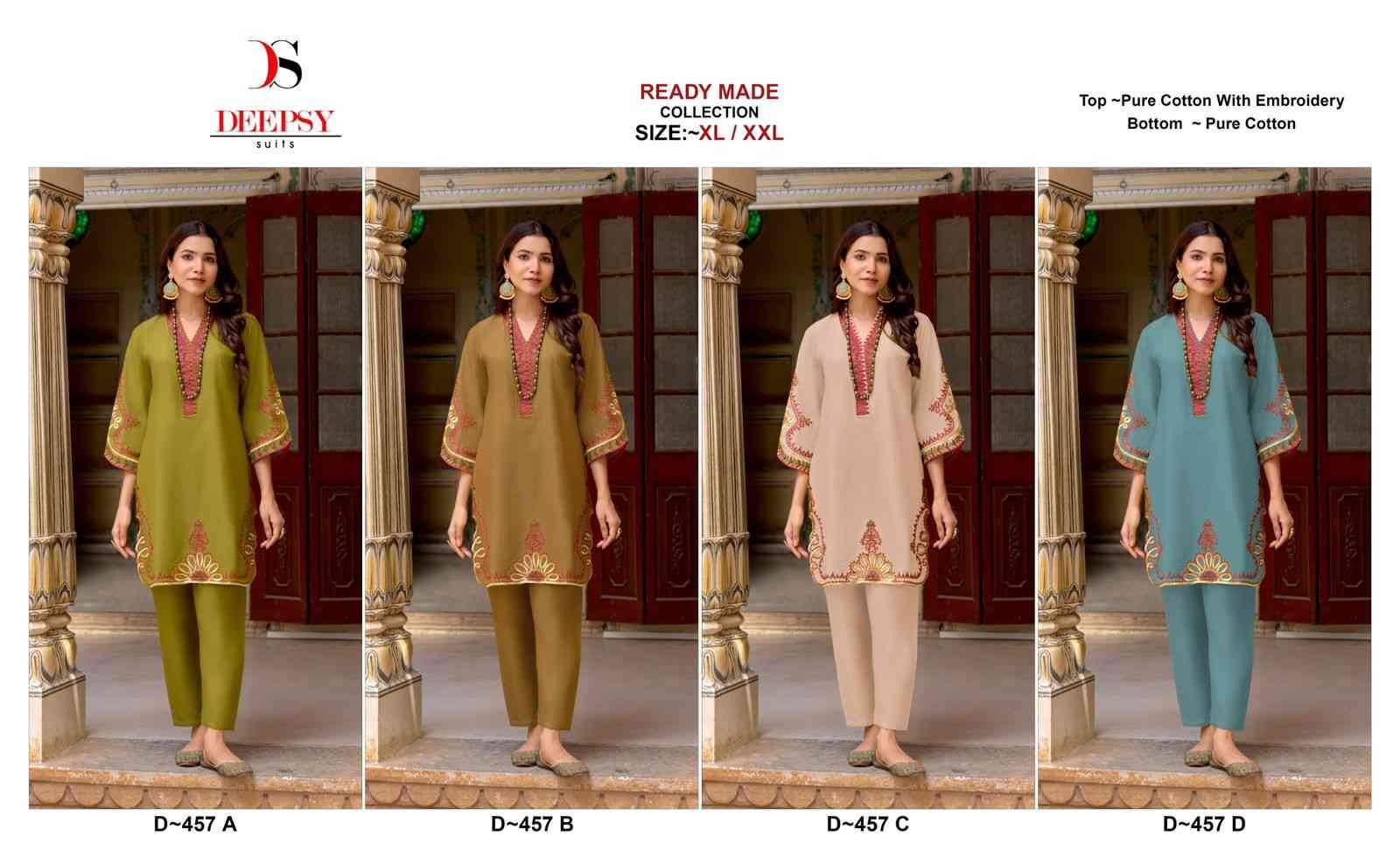 Deepsy Hit Design 457 Colours By Deepsy Suits 457-A To 457-D Series Designer Pakistani Suits Collection Beautiful Stylish Fancy Colorful Party Wear & Occasional Wear Pure Cotton Kurtis With Bottom At Wholesale Price