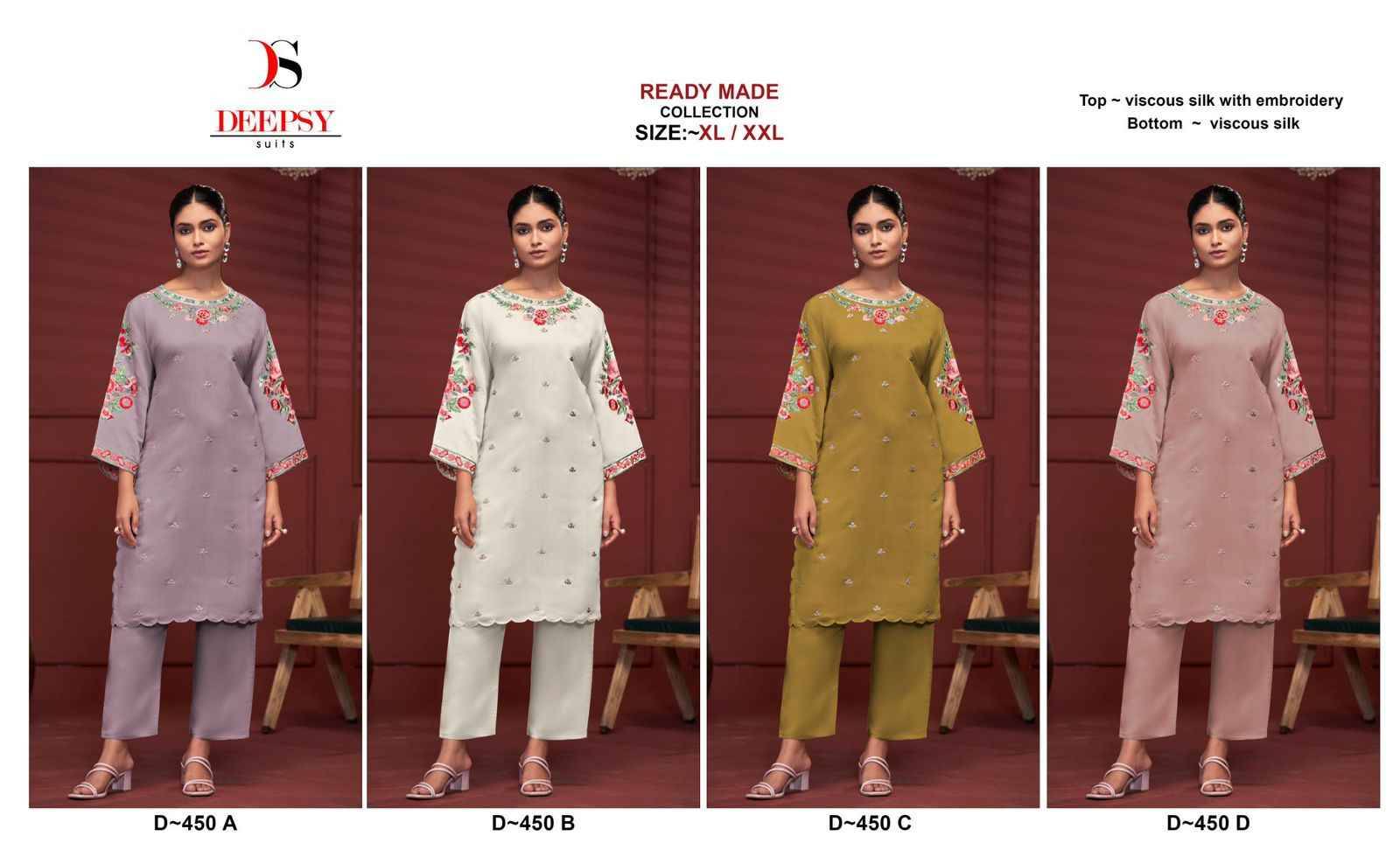 Deepsy Hit Design 450 Colours By Deepsy Suits 450-A To 450-D Series Designer Pakistani Suits Collection Beautiful Stylish Fancy Colorful Party Wear & Occasional Wear Viscose Silk Kurtis With Bottom At Wholesale Price