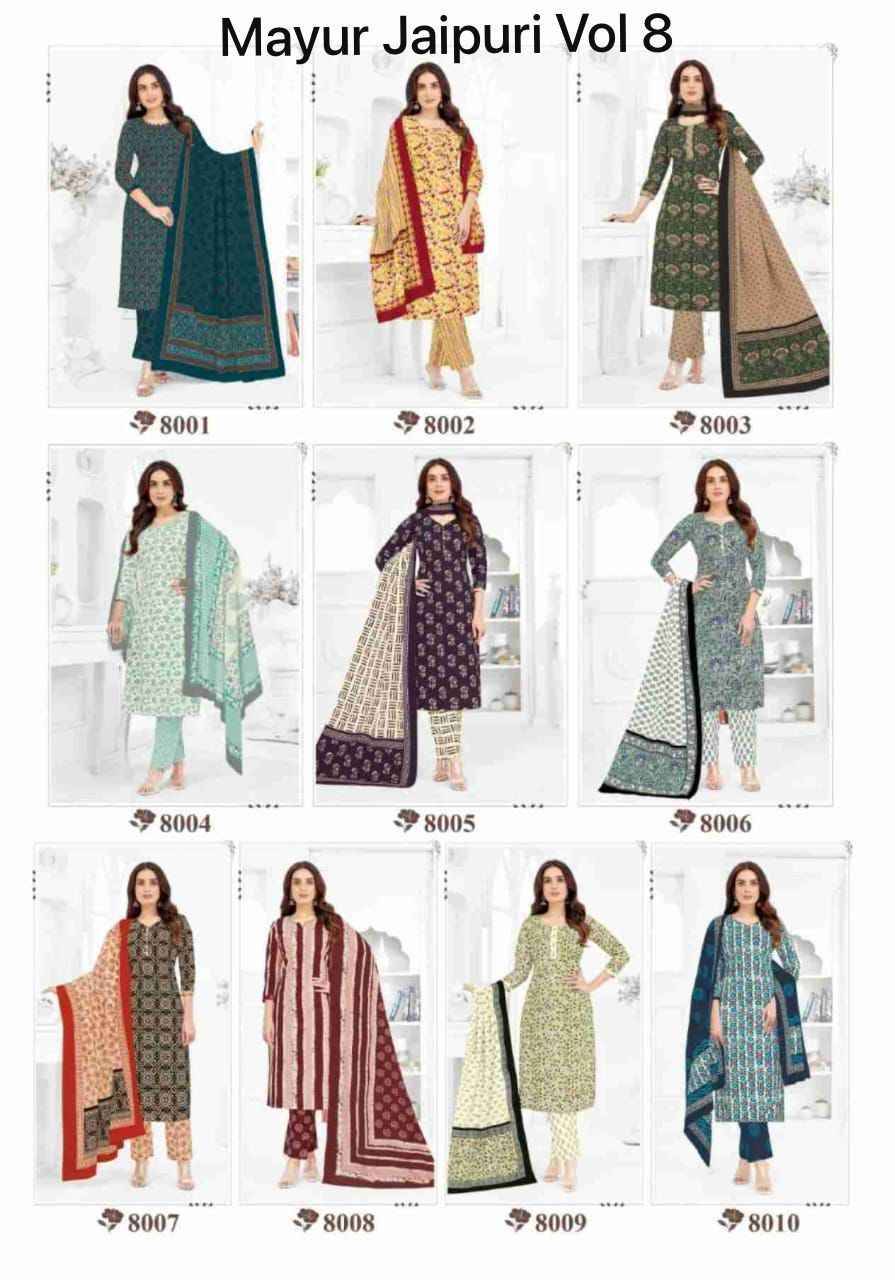 Jaipuri Vol-8 By Mayur Creation 8001 To 8010 Series Beautiful Festive Suits Stylish Fancy Colorful Casual Wear & Ethnic Wear Cotton Print Dresses At Wholesale Price