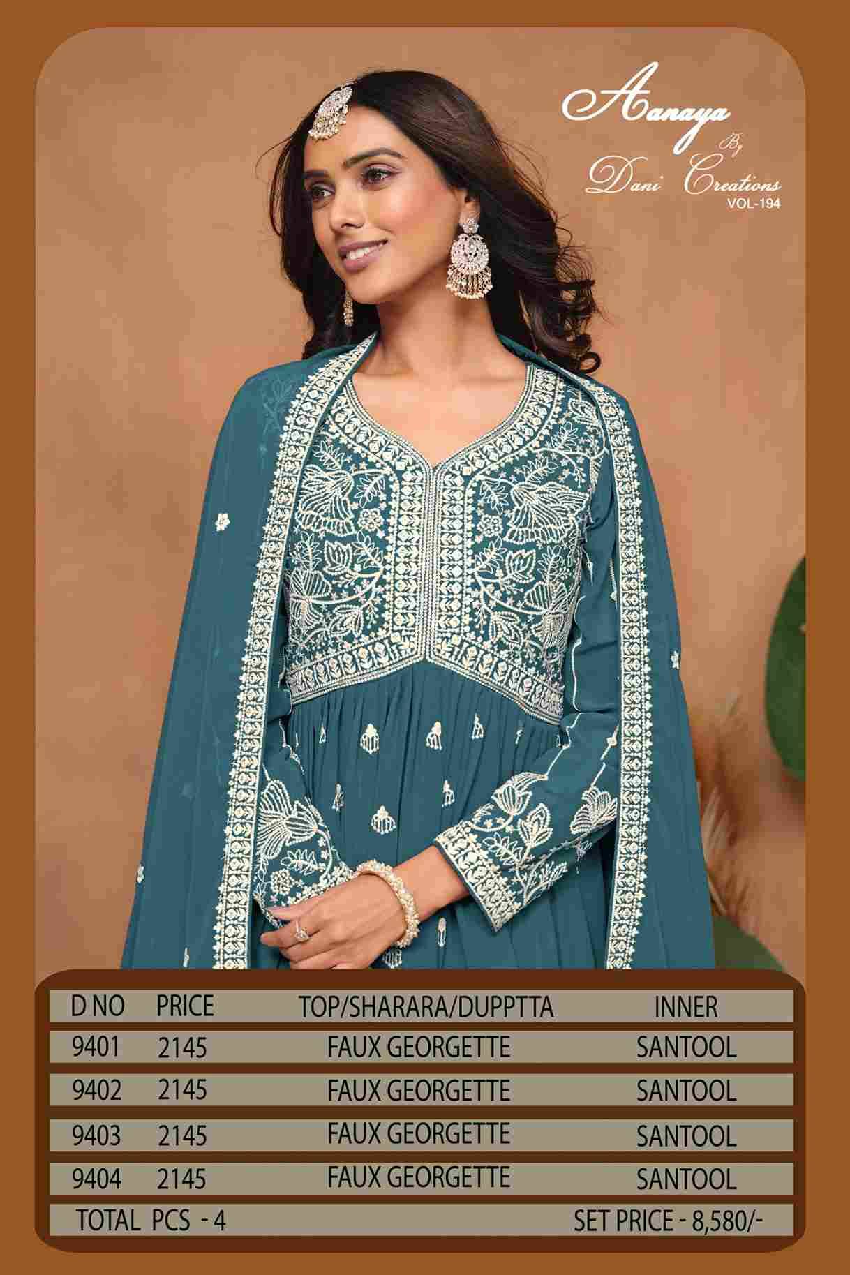 Aanaya Vol-194 By Twisha 9401 To 9404 Series Beautiful Sharara Suits Colorful Stylish Fancy Casual Wear & Ethnic Wear Faux Georgette Dresses At Wholesale Price