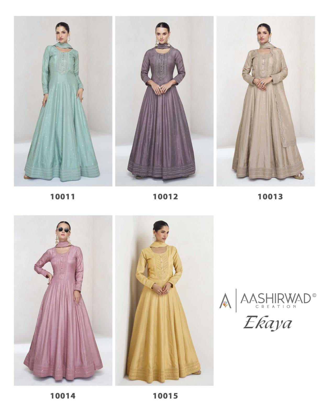 Ekaya By Aashirwad Creation 10011 To 10015 Series Designer Stylish Fancy Colorful Beautiful Party Wear & Ethnic Wear Collection Premium Silk Gowns With Bottom At Wholesale Price