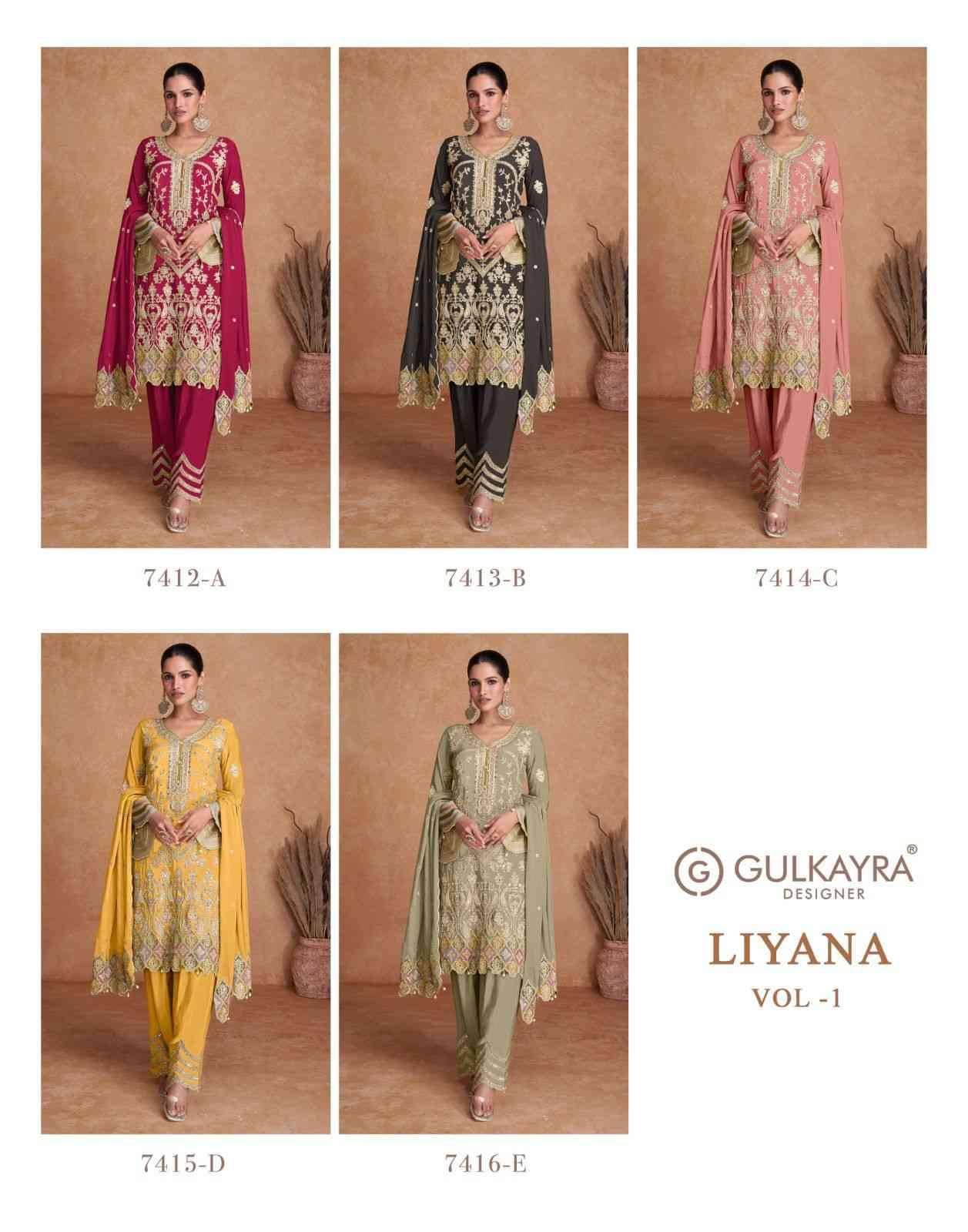 Liyana Vol-1 By Gulkayra Designer 7412-A To 7416-E Series Beautiful Colorful Stylish Fancy Casual Wear & Ethnic Wear Chinnon Embroidered Dresses At Wholesale Price