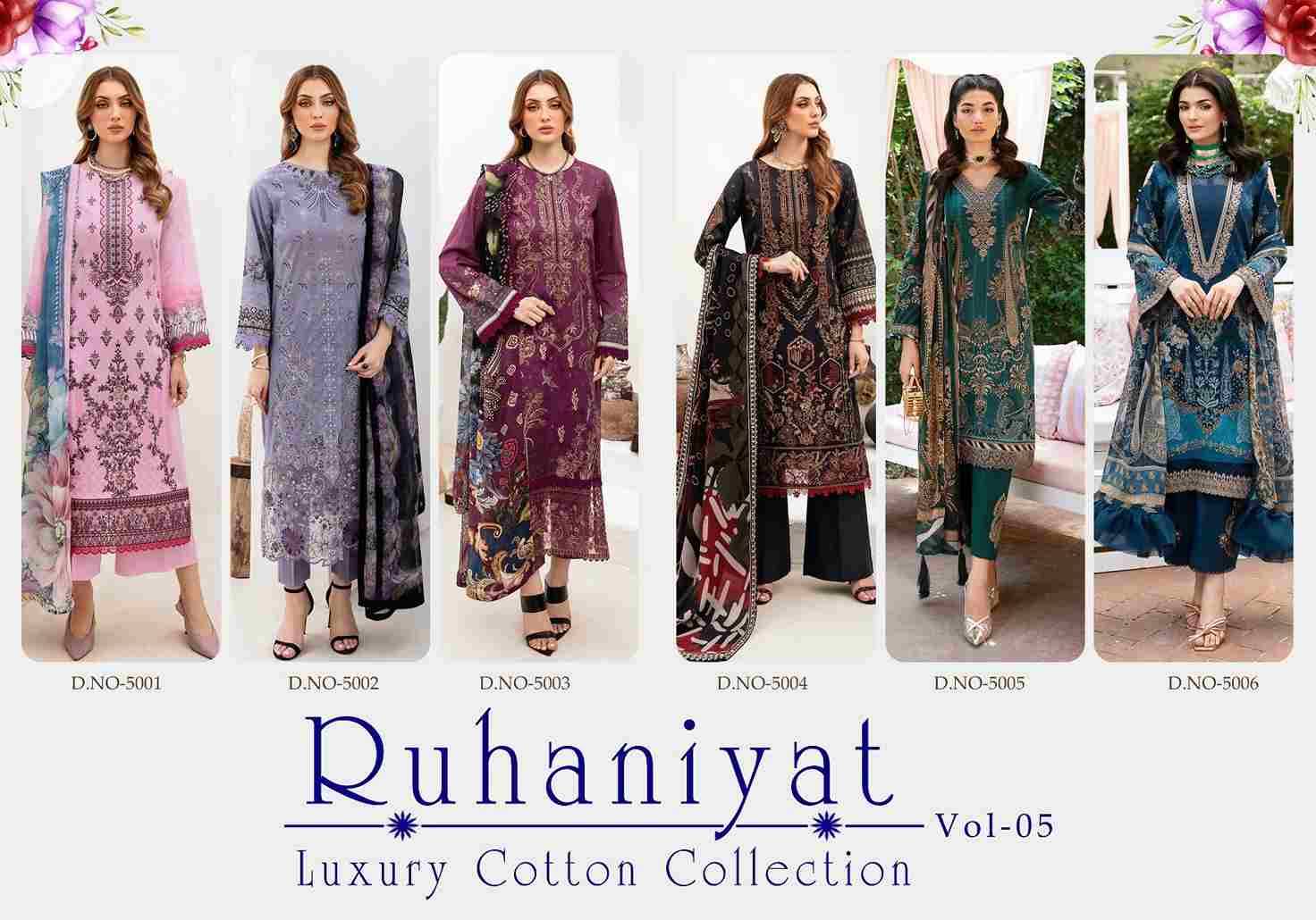 Ruhaniyat Vol-5 By Fashid Wholesale 5001 To 5006 Series Beautiful Suits Colorful Stylish Fancy Casual Wear & Ethnic Wear Pure Cotton Embroidered Dresses At Wholesale Price