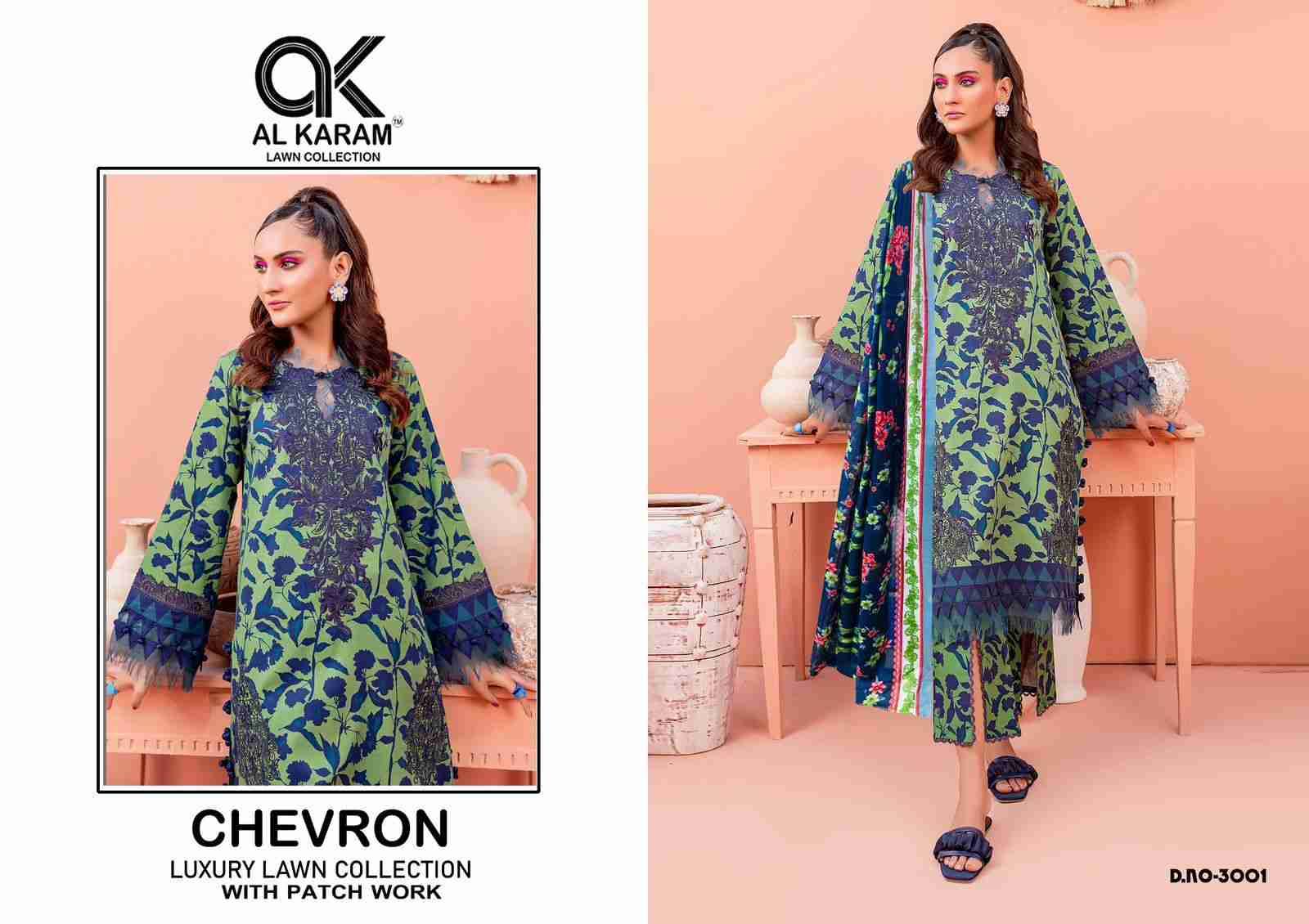 Chevron Luxury Lawn Collection Vol-3 By Al Karam Lawn Collection 3001 To 3004 Series Designer Pakistani Suits Beautiful Fancy Stylish Colorful Party Wear & Occasional Wear Pure Cotton With Embroidery Dresses At Wholesale Price