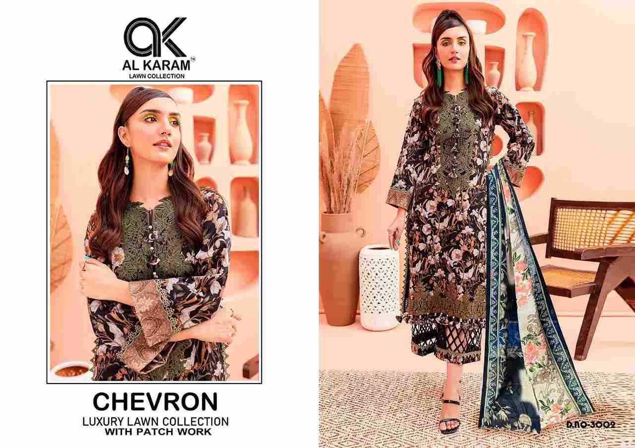 Chevron Luxury Lawn Collection Vol-3 By Al Karam Lawn Collection 3001 To 3004 Series Designer Pakistani Suits Beautiful Fancy Stylish Colorful Party Wear & Occasional Wear Pure Cotton With Embroidery Dresses At Wholesale Price