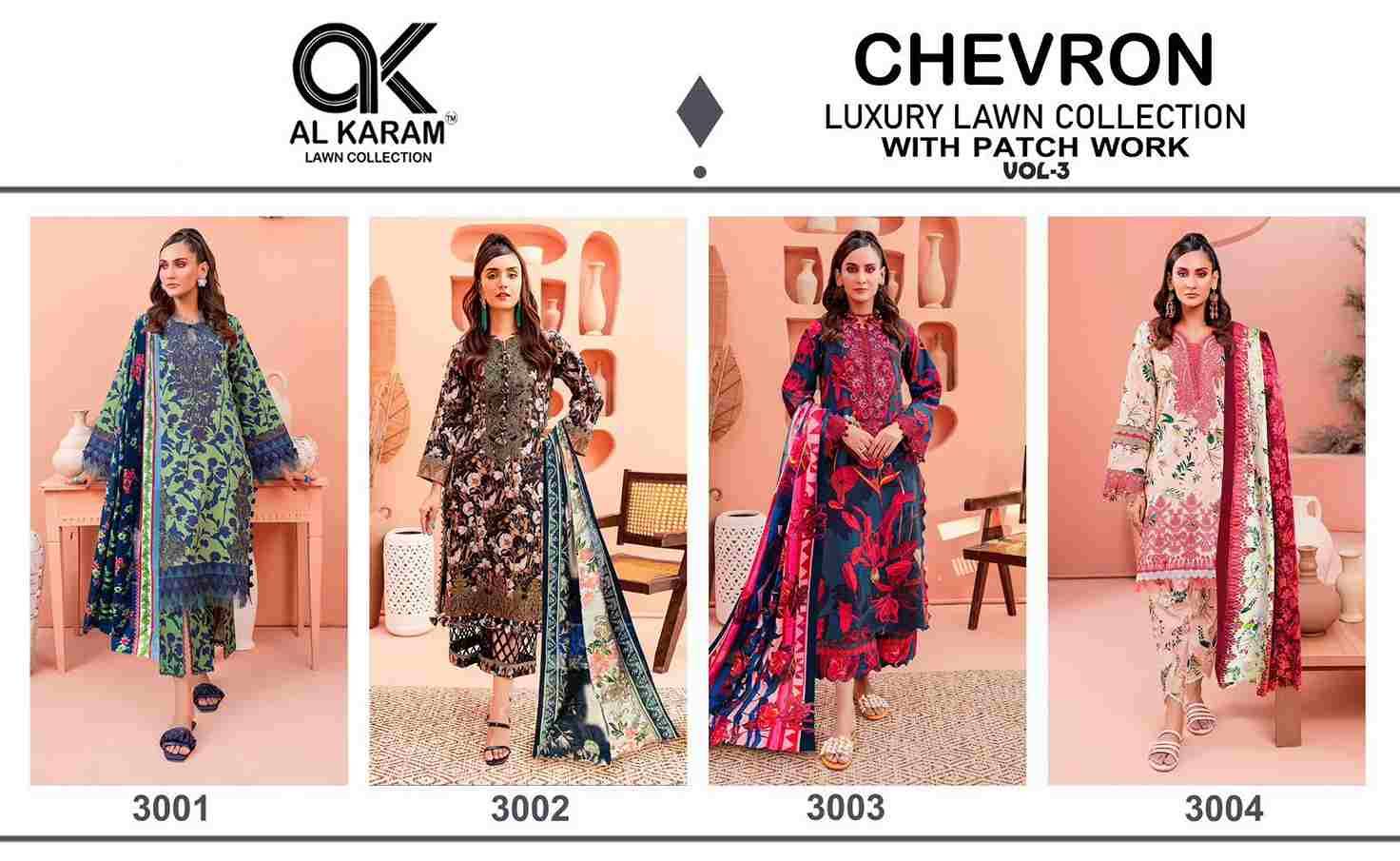 Chevron Luxury Lawn Collection Vol-3 By Al Karam Lawn Collection 3001 To 3004 Series Designer Pakistani Suits Beautiful Fancy Stylish Colorful Party Wear & Occasional Wear Pure Cotton With Embroidery Dresses At Wholesale Price