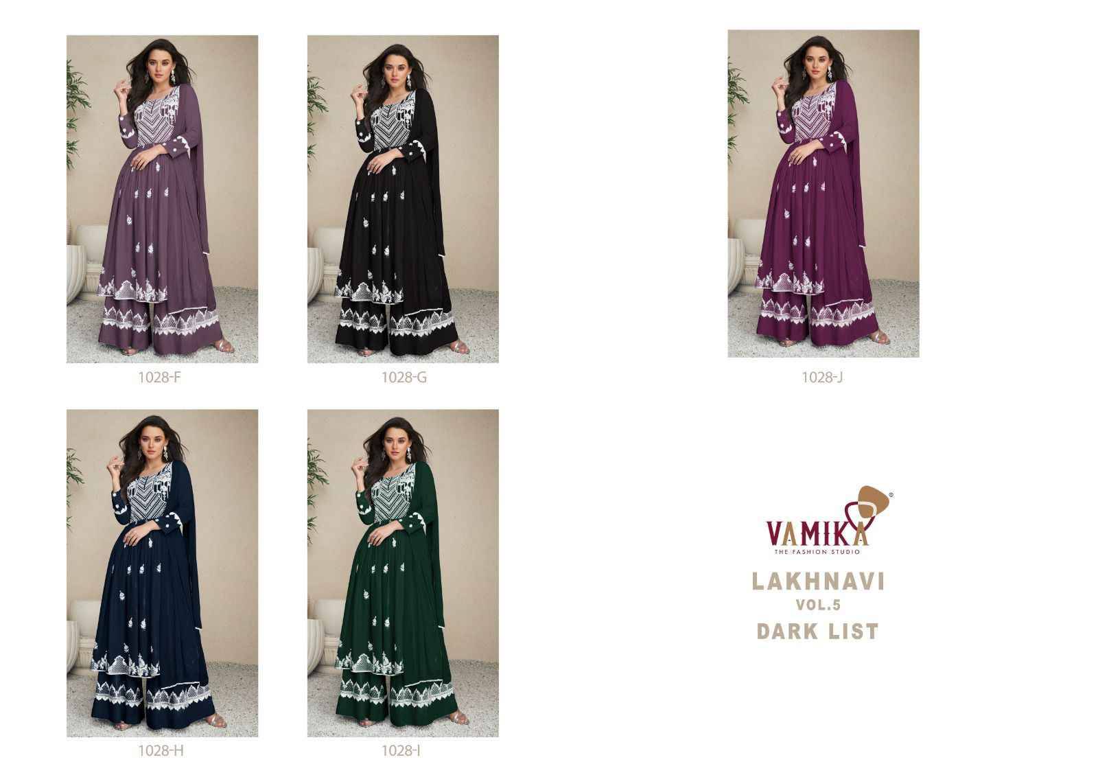 Lakhnavi Vol-5 Dark List By Vamika 1028-F To 1028-J Series Beautiful Stylish Sharara Suits Fancy Colorful Casual Wear & Ethnic Wear & Ready To Wear Pure Rayon Printed Dresses At Wholesale Price