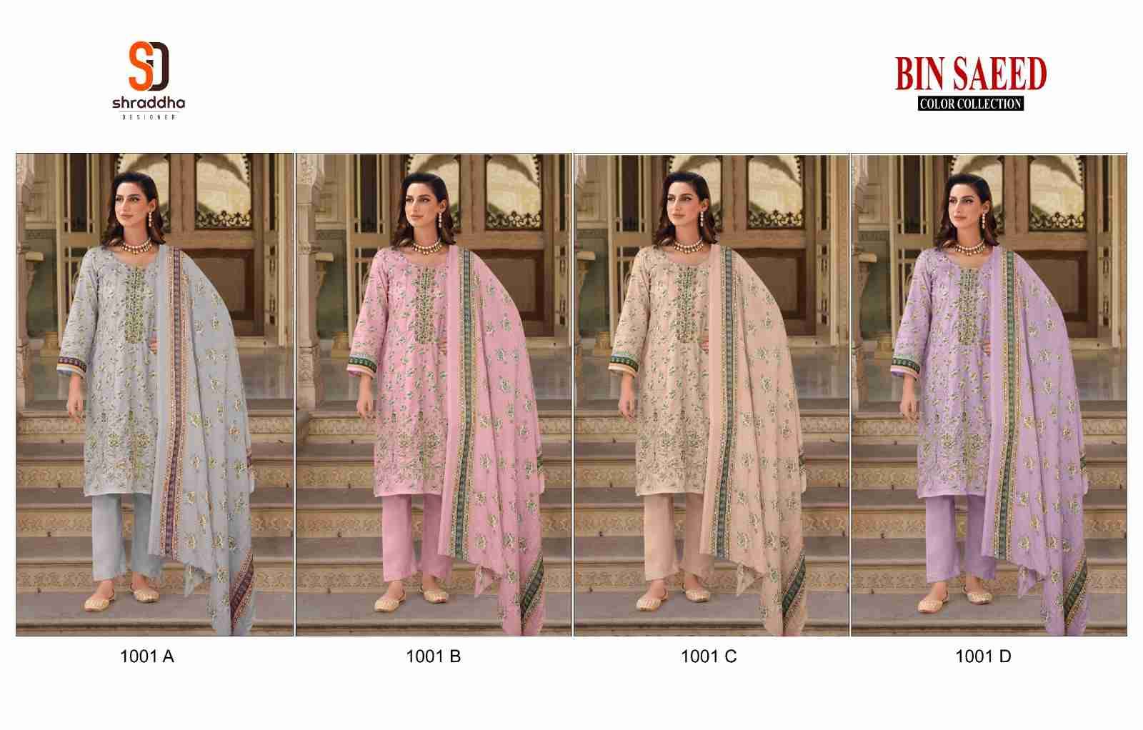 Bin Saeed Color Collection By Shraddha Designer 1001-A To 1001-D Series Pakistani Suits Beautiful Fancy Stylish Colorful Party Wear & Occasional Wear Pure Cotton Print With Embroidery Dresses At Wholesale Price