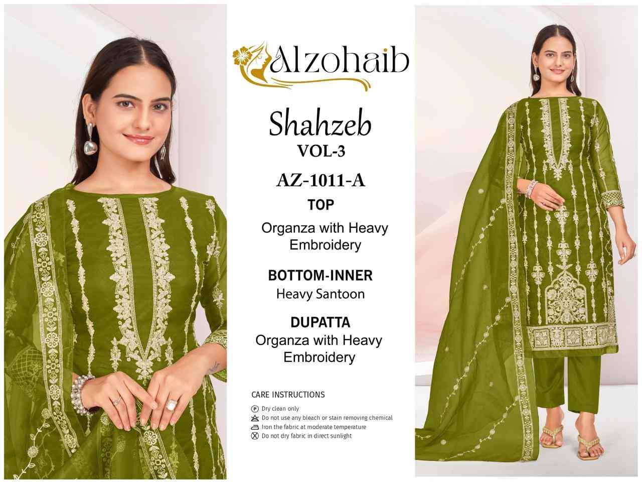 Shahzeb Vol-3 By Alzohaib 1011-A To 1011-D Series Wholesale Designer Pakistani Suits Collection Beautiful Stylish Fancy Colorful Party Wear & Occasional Wear Organza Dresses At Wholesale Price