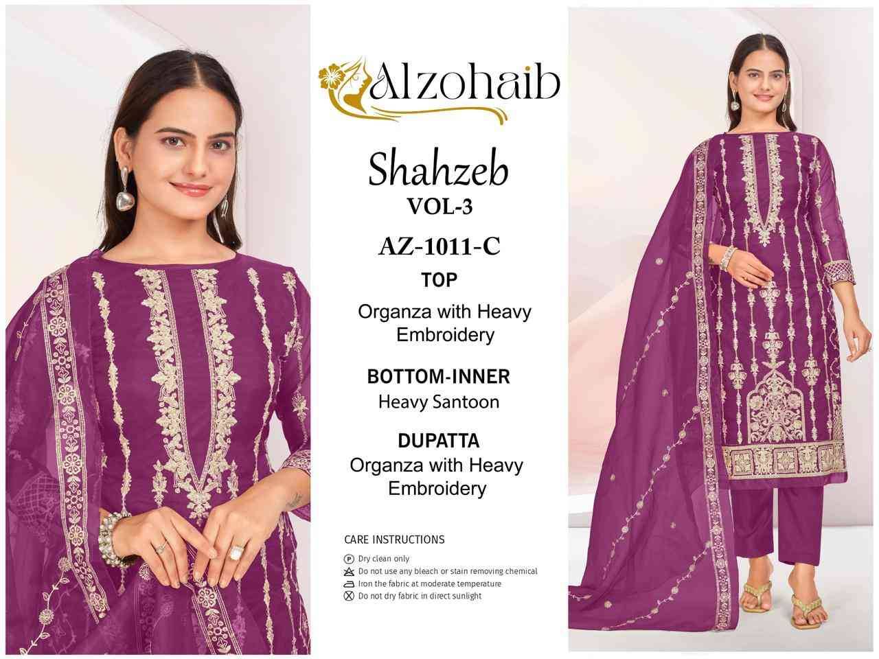 Shahzeb Vol-3 By Alzohaib 1011-A To 1011-D Series Wholesale Designer Pakistani Suits Collection Beautiful Stylish Fancy Colorful Party Wear & Occasional Wear Organza Dresses At Wholesale Price