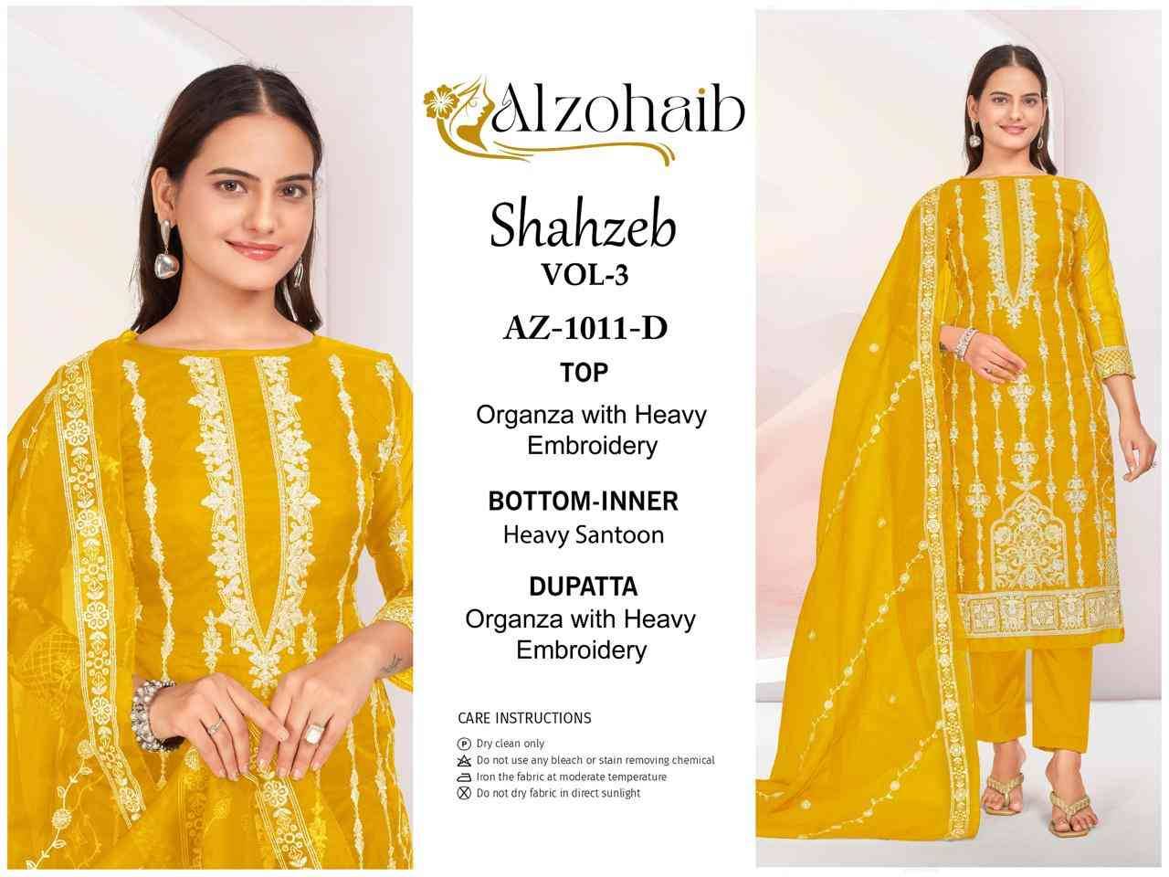 Shahzeb Vol-3 By Alzohaib 1011-A To 1011-D Series Wholesale Designer Pakistani Suits Collection Beautiful Stylish Fancy Colorful Party Wear & Occasional Wear Organza Dresses At Wholesale Price