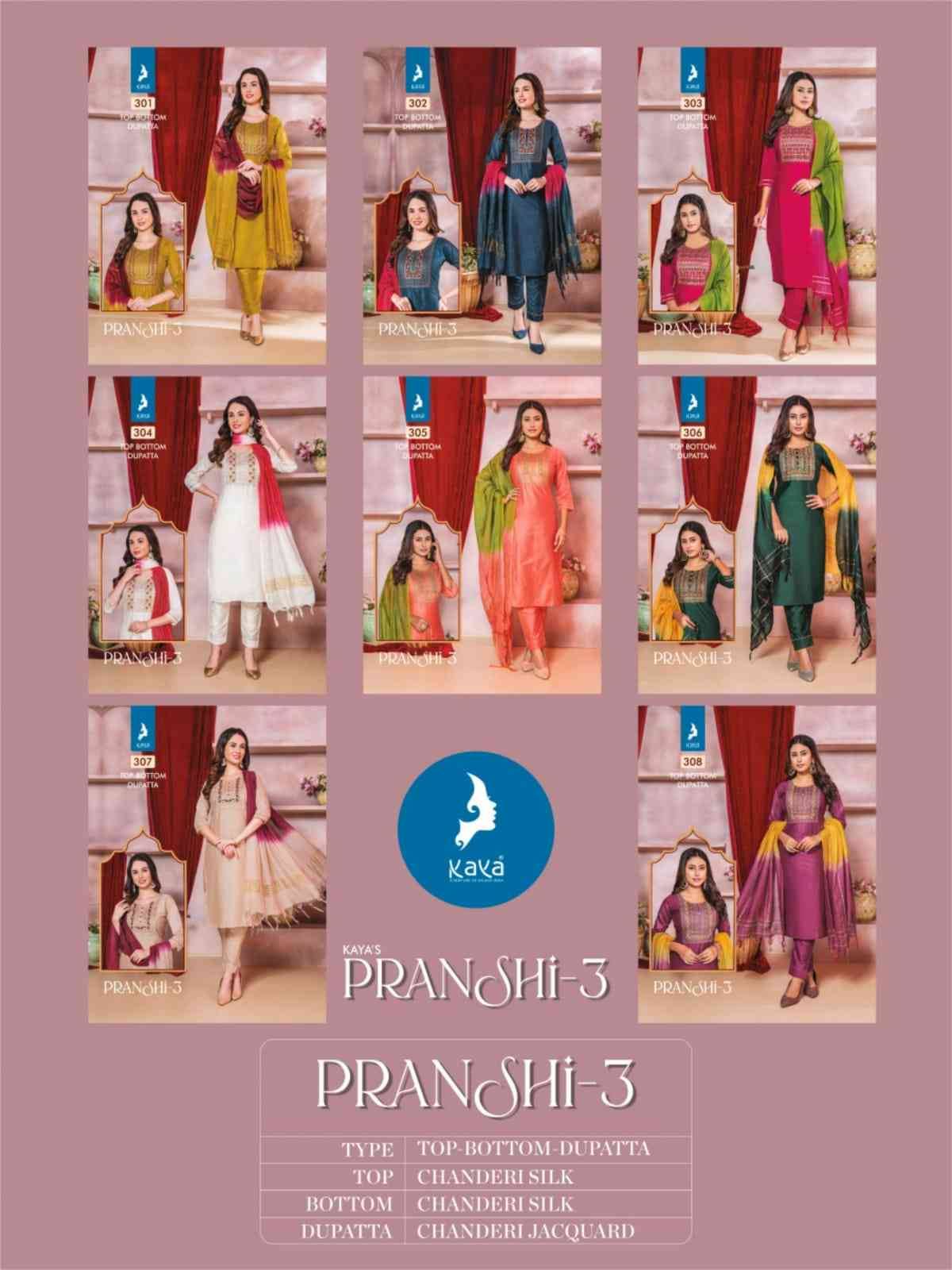 Pranshi Vol-3 By Kaya 301 To 308 Series Beautiful Suits Colorful Stylish Fancy Casual Wear & Ethnic Wear Chanderi Silk Dresses At Wholesale Price