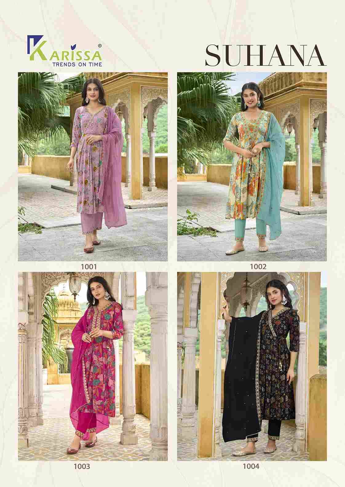 Suhana By Karissa 1001 To 1004 Series Beautiful Suits Colorful Stylish Fancy Casual Wear & Ethnic Wear Pure Viscose Silk Print Dresses At Wholesale Price