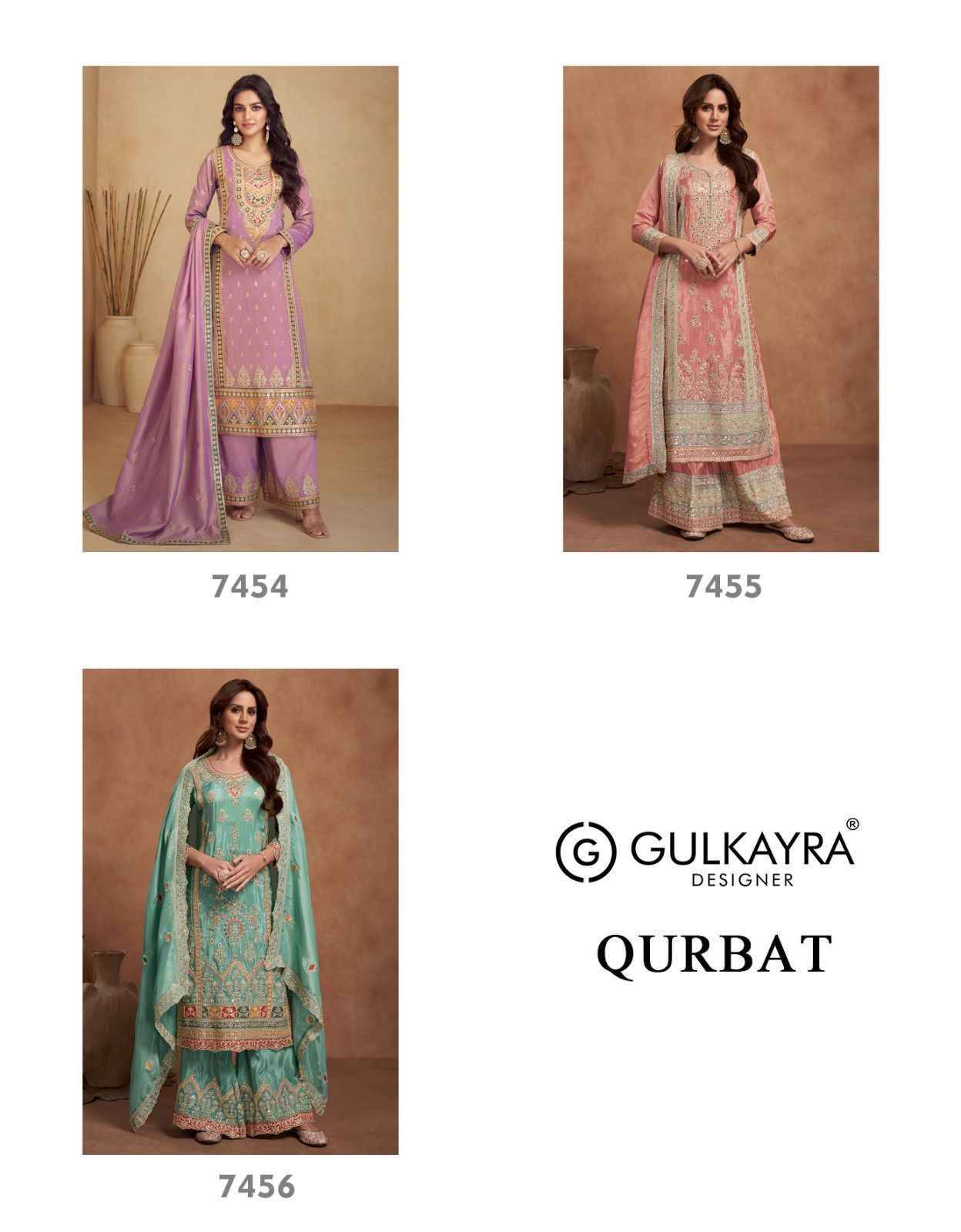 Qurbat By Gulkayra Designer 7454 To 7456 Series Designer Festive Suits Collection Beautiful Stylish Fancy Colorful Party Wear & Occasional Wear Silk Dresses At Wholesale Price