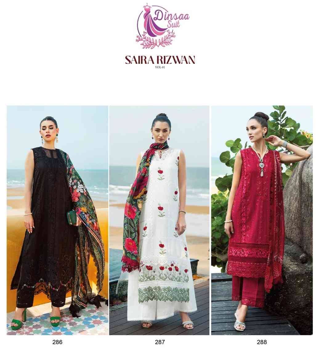 Saira Rizwan Vol-1 By Dinssa Suits 286 To 288 Series Pakistani Suits Beautiful Fancy Colorful Stylish Party Wear & Occasional Wear Pure Cotton Embroidery Dresses At Wholesale Price