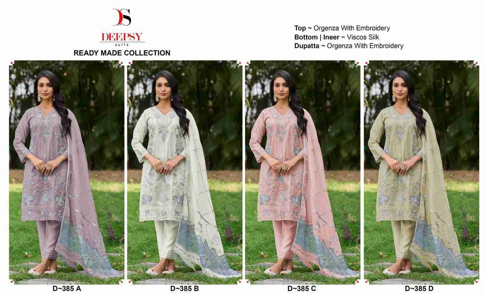 Deepsy Hit Design 385 Colours By Deepsy Suits 385-A To 385-D Series Designer Pakistani Suits Beautiful Fancy Stylish Colorful Party Wear & Occasional Wear Pure Organza With Embroidery Dresses At Wholesale Price