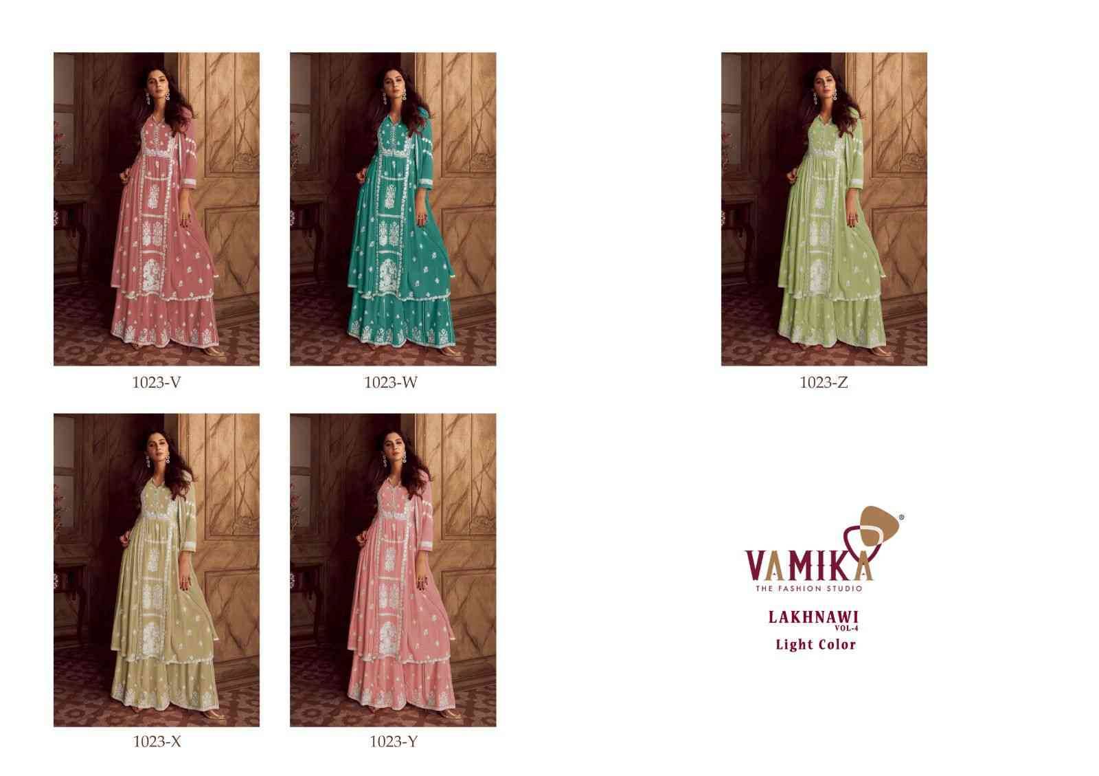 Lakhnavi Vol-4 Light Color By Vamika 1023-V To 1023-Z Series Beautiful Stylish Sharara Suits Fancy Colorful Casual Wear & Ethnic Wear & Ready To Wear Pure Rayon Printed Dresses At Wholesale Price