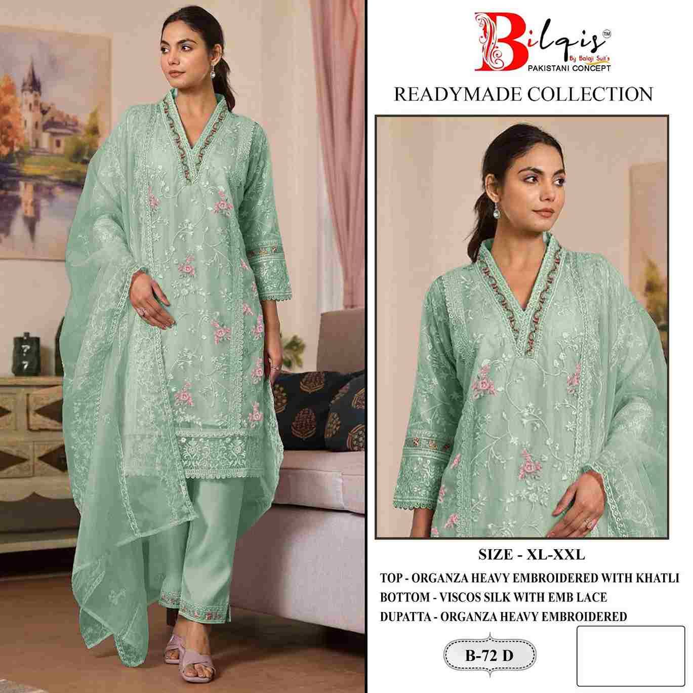 Bilqis 72 Colours By Bilqis 72-A To 72-D Series Beautiful Pakistani Suits Stylish Fancy Colorful Party Wear & Occasional Wear Organza Embroidery Dresses At Wholesale Price