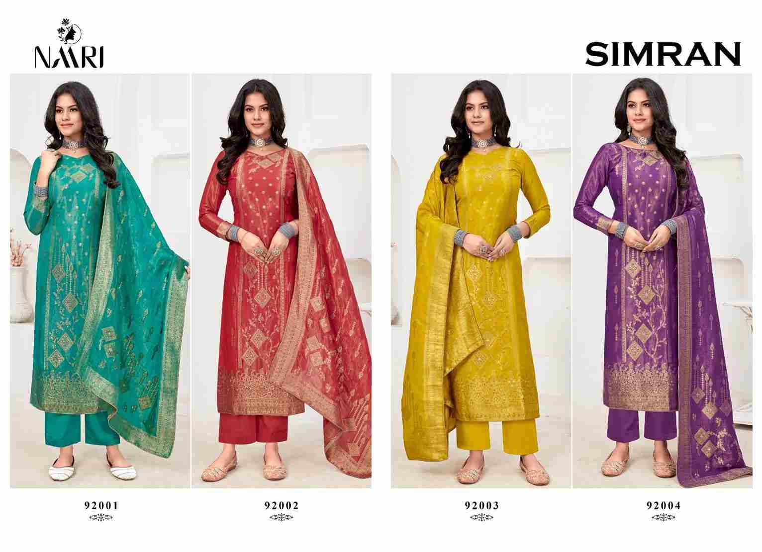 Simran By Naari 92001 To 92004 Series Beautiful Stylish Festive Suits Fancy Colorful Casual Wear & Ethnic Wear & Ready To Wear Pure Jacquard Print Dresses At Wholesale Price