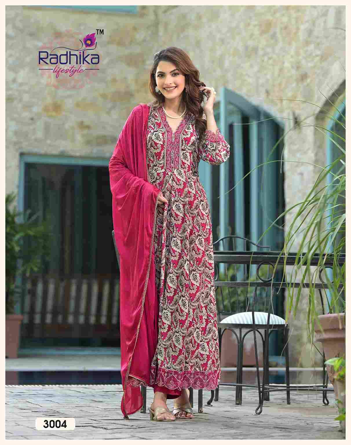 Anarkali Vol-3 By Radhika Lifestyle 3001 To 3006 Series Designer Festive Suits Beautiful Stylish Fancy Colorful Party Wear & Occasional Wear Pure Rayon Foil Print Dresses At Wholesale Price