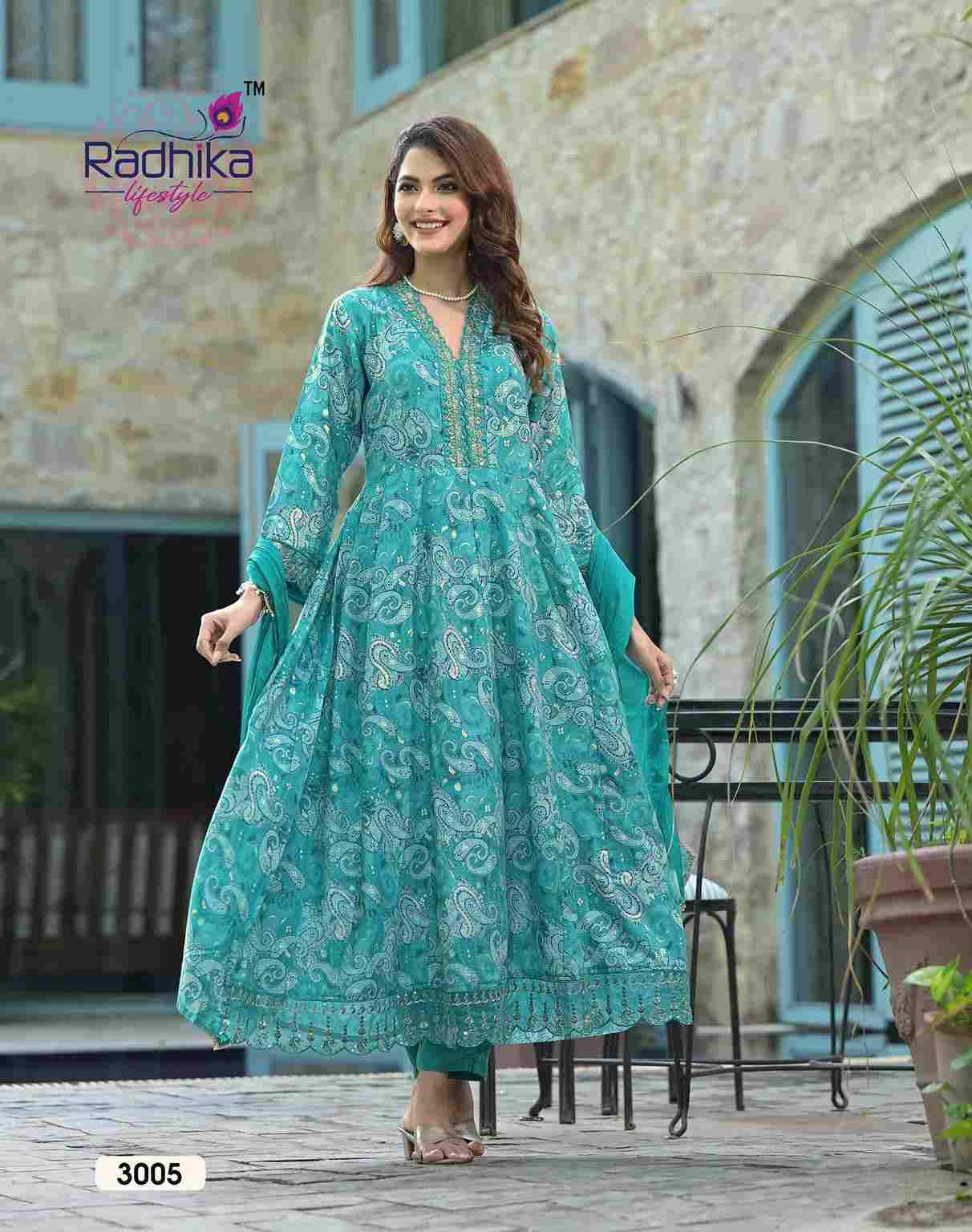 Anarkali Vol-3 By Radhika Lifestyle 3001 To 3006 Series Designer Festive Suits Beautiful Stylish Fancy Colorful Party Wear & Occasional Wear Pure Rayon Foil Print Dresses At Wholesale Price