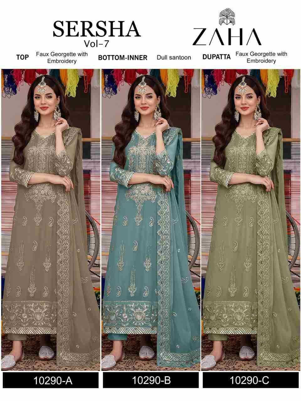 Sersha Vol-7 By Zaha 10290-A To 10290-C Series Beautiful Pakistani Suits Stylish Fancy Colorful Party Wear & Occasional Wear Faux Georgette Embroidered Dresses At Wholesale Price