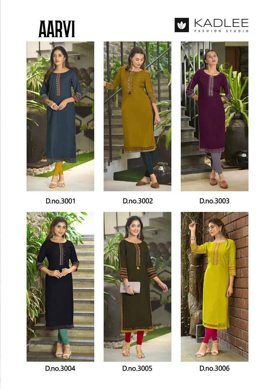 Aarvi By Kadlee 3001 To 3006 Series Designer Stylish Fancy Colorful Beautiful Party Wear & Ethnic Wear Collection Viscose With Work Kurtis At Wholesale Price