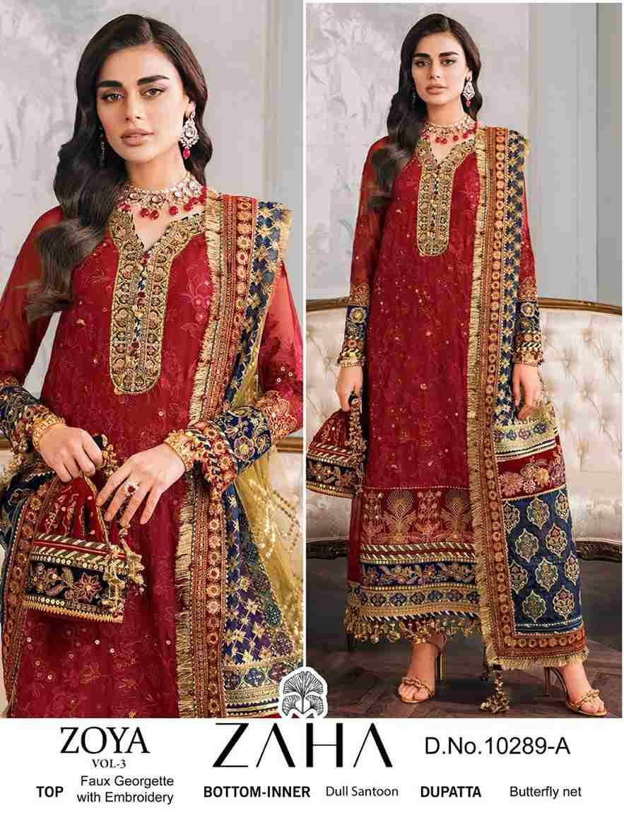 Zoya Vol-3 By Zaha 10289-A To 10289-D Series Designer Pakistani Suits Beautiful Stylish Fancy Colorful Party Wear & Occasional Wear Faux Georgette Embroidered Dresses At Wholesale Price