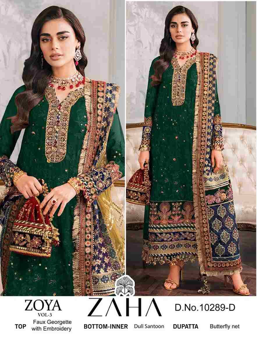 Zoya Vol-3 By Zaha 10289-A To 10289-D Series Designer Pakistani Suits Beautiful Stylish Fancy Colorful Party Wear & Occasional Wear Faux Georgette Embroidered Dresses At Wholesale Price